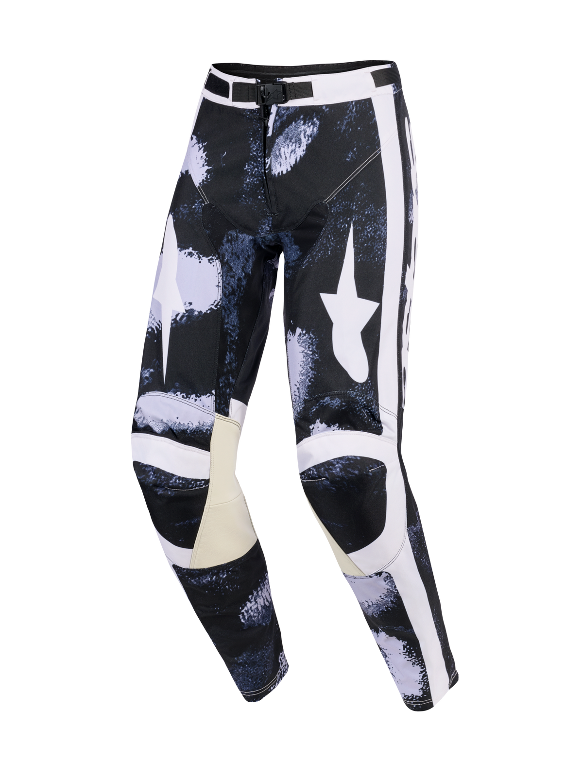 Alpinestars 2026 Racer Lahnd Pants, pantalones de motocross, color Iron Camo gris y negro, con grandes logotipos de estrellas blancas en los muslos, franjas laterales blancas, paneles interiores de las rodillas en cuero beige y un ajuste de rendimiento precurvado.