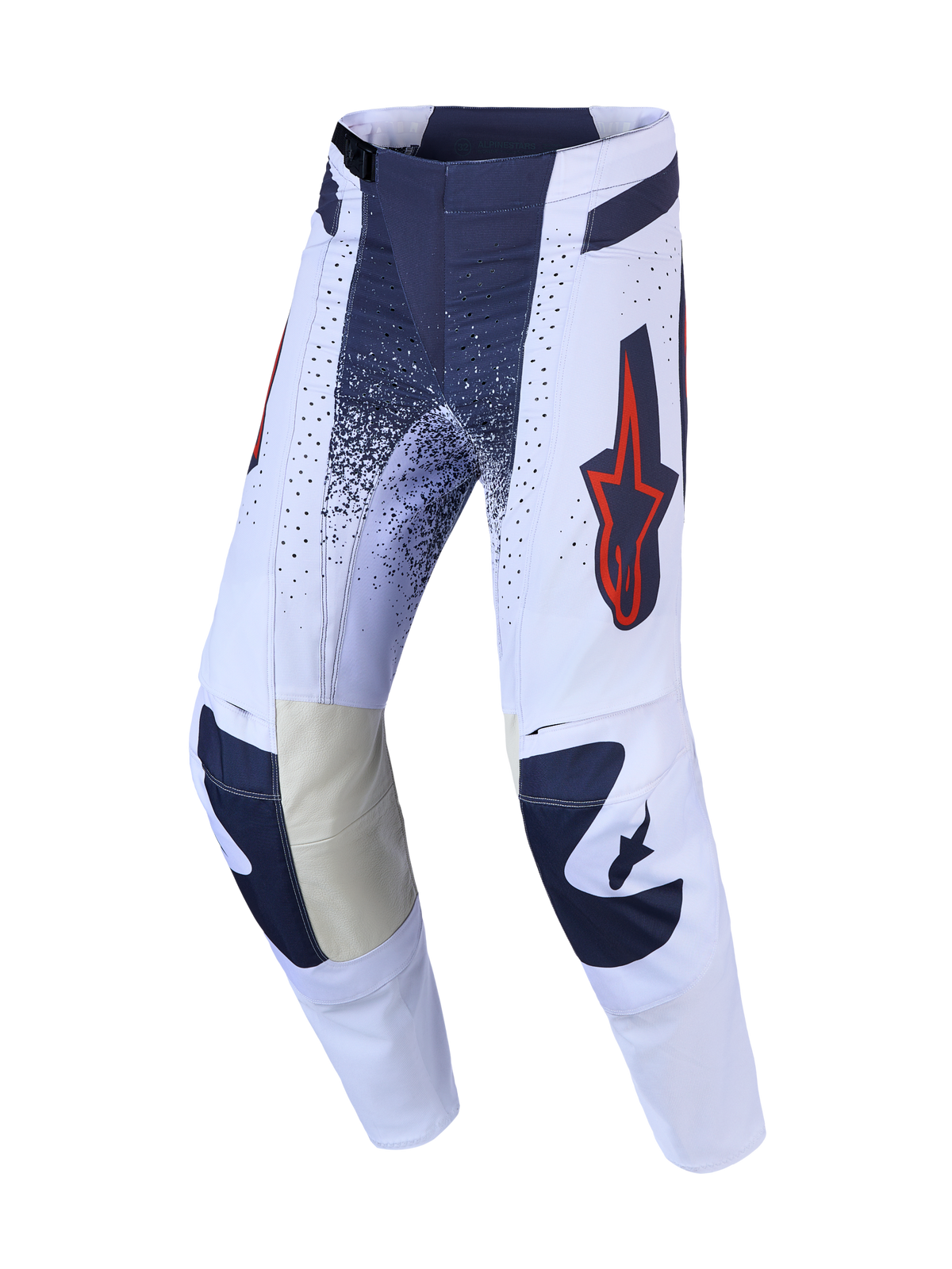 Pantalones Alpinestars Techstar Swan de motocross, lila claro y gris oscuro con detalles rojo flúor y rodillas de cuero.