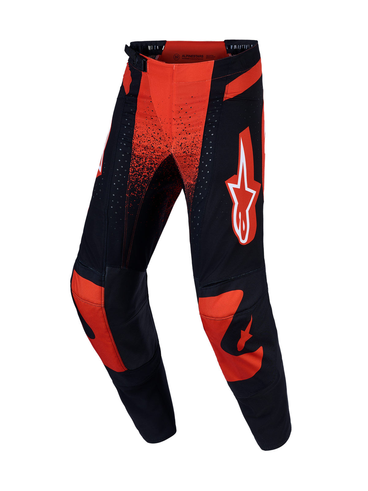 Alpinestars Techstar Swan, pantalones de motocross rojos y negros, chasis elástico y refuerzos de cuero en las rodillas