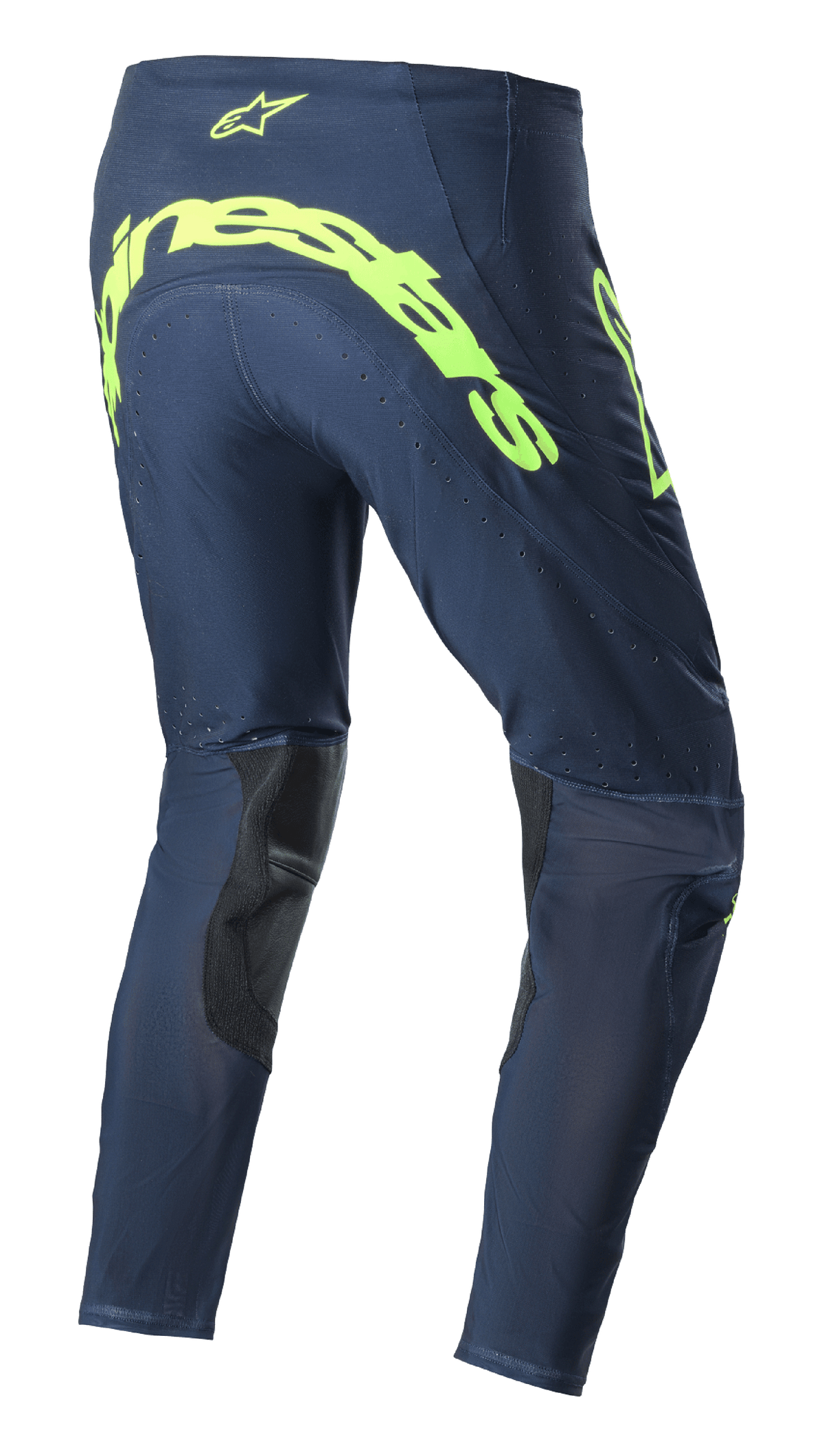 Alpinestars 2023 Supertech Bruin Pants, pantalones de motocross, azul noche y amarillo flúor, vista trasera con el gran logotipo de Alpinestars en amarillo flúor en el asiento, zonas de ventilación perforadas y refuerzos negros en el interior de la pierna.
