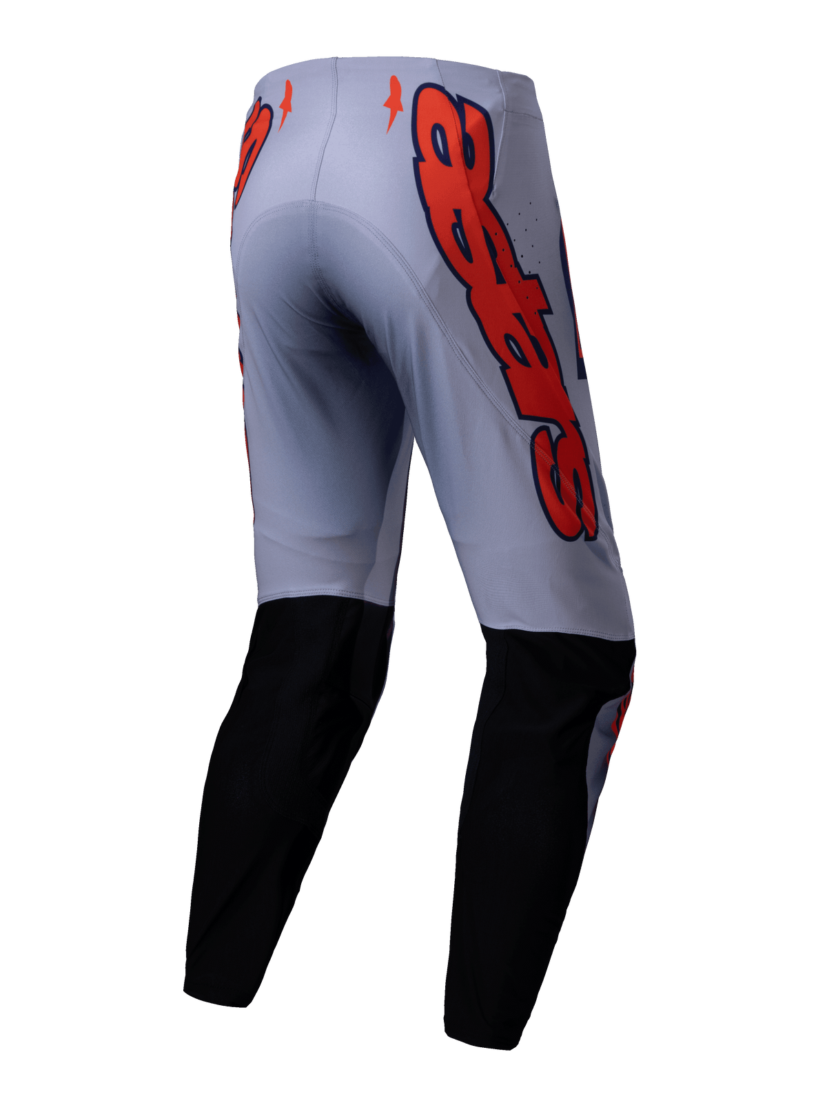 Alpinestars 2025 Supertech Lipan Pants, pantalones de motocross, gris y naranja flúor, vista posterior con paneles negros en la parte inferior de la pierna y grandes gráficos del logotipo de Alpinestars en naranja en las caderas, ajuste atlético para carreras off-road