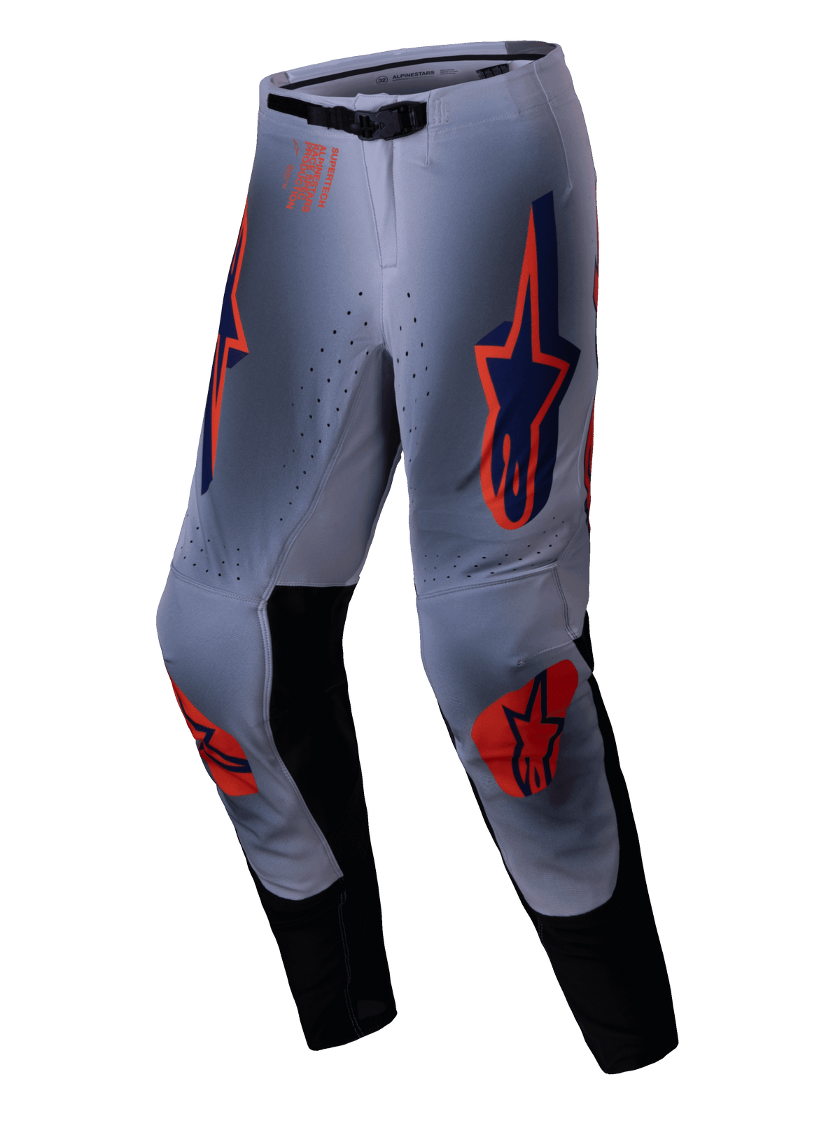 Alpinestars 2025 Supertech Lipan Pants, pantalones de motocross, gris y naranja flúor, con vibrantes logotipos de estrellas en naranja y azul marino en los muslos y las rodillas, paneles internos negros en las piernas y un cinturón ajustable, diseñados para un rendimiento todoterreno de nivel profesional.
