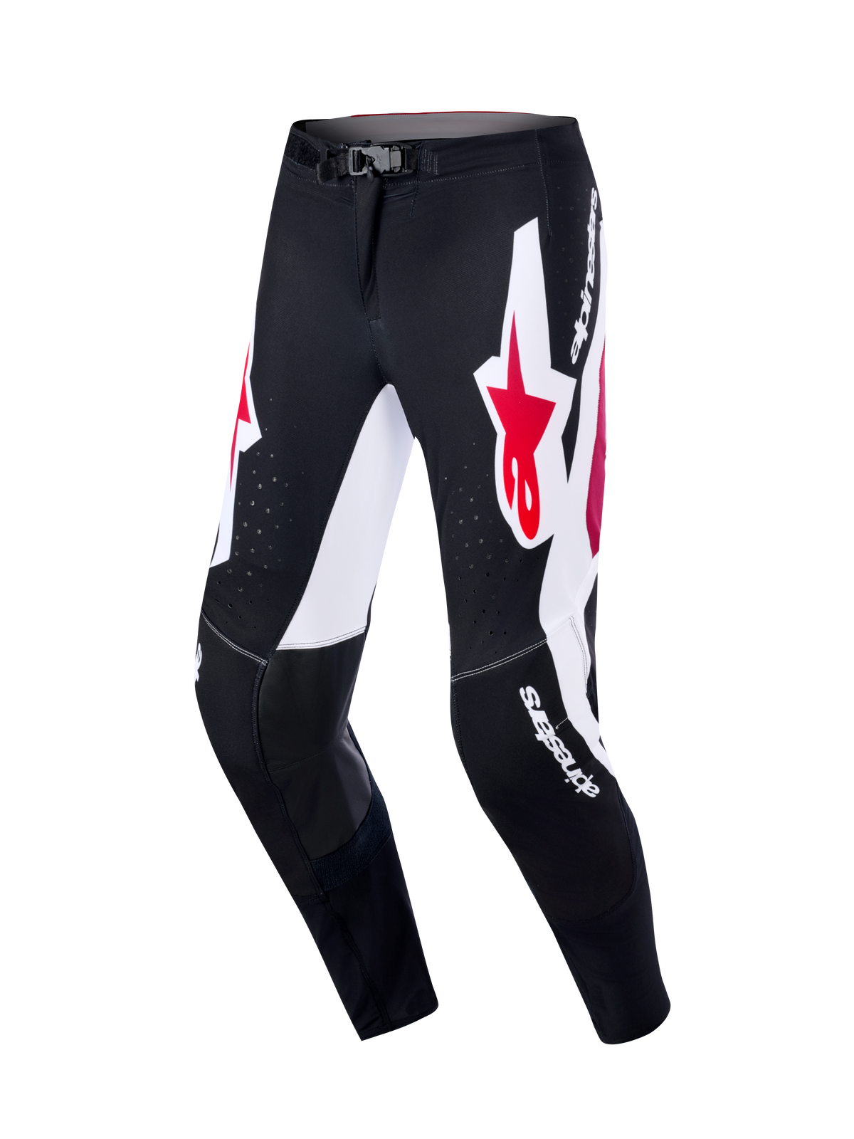 Pantalones Alpinestars Supertech AFD Vista 2026, pantalones de motocross, negro, rojo y blanco, con grandes paneles gráficos blancos y logos de estrellas rojas, paneles interiores de cuero negro en las rodillas, perforaciones láser para flujo de aire y logotipos blancos, equipamiento profesional para carreras todoterreno