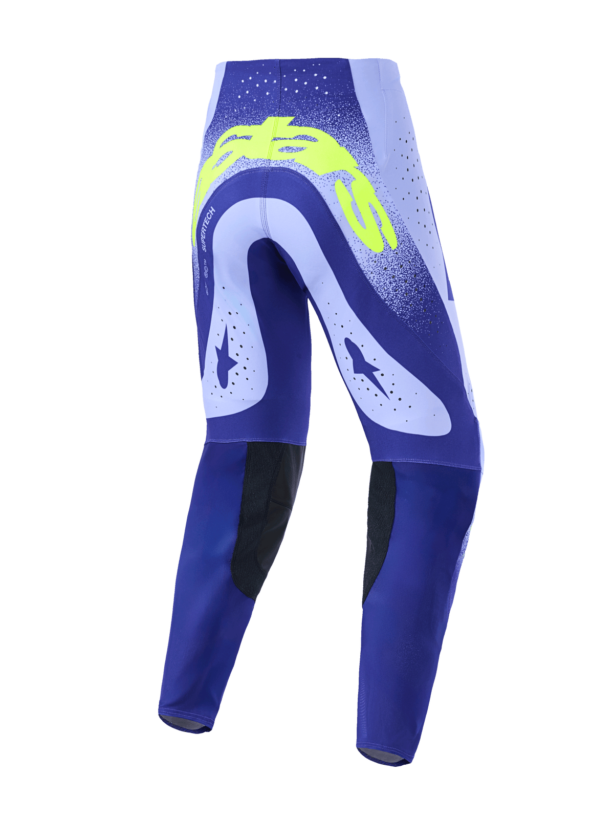 Alpinestars 2026 Supertech Scenz Pants, Motocross Pants, Purple and Neon Yellow, rear view showing technical design with laser-cut perforations, bold neon yellow branding on the back, and black durable inner knee panels