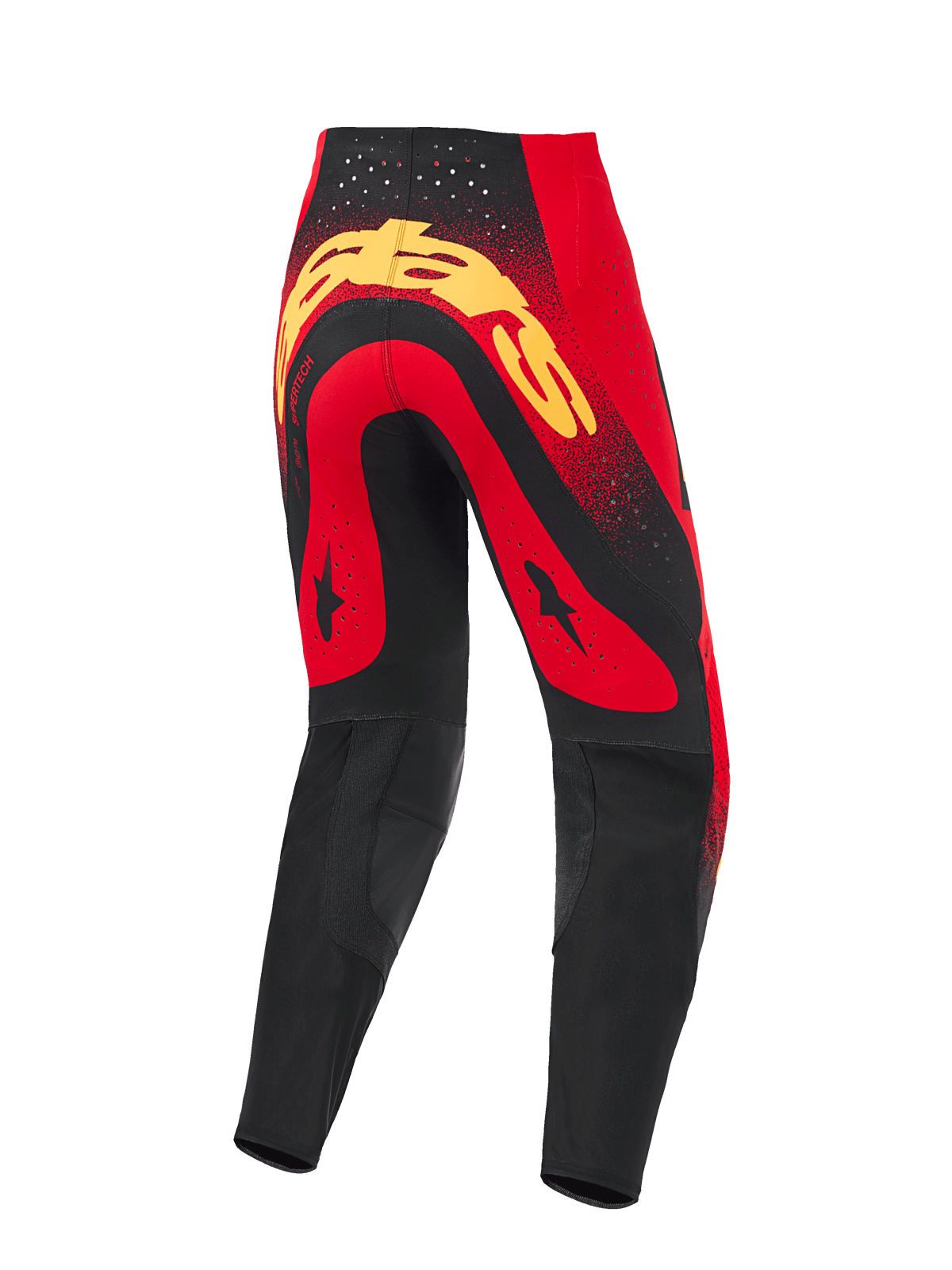 Alpinestars 2026 Supertech Scenz Pants, pantalones de motocross, rojo, negro y amarillo, vista trasera con un gran logotipo amarillo en el asiento, paneles rojos con gráficos de estrellas negras, perforaciones cortadas con láser en la cintura y paneles negros reforzados en la parte inferior de las piernas.