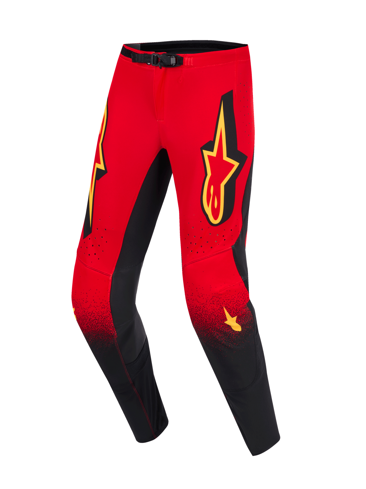Alpinestars 2026 Supertech Scenz Pants, pantalones de motocross, rojos, negros y amarillos, parte superior roja con transición a piernas negras con un degradado moteado, grandes logotipos amarillos de Alpinestars en los muslos, paneles interiores de las rodillas negros y cierre magnético en la cintura