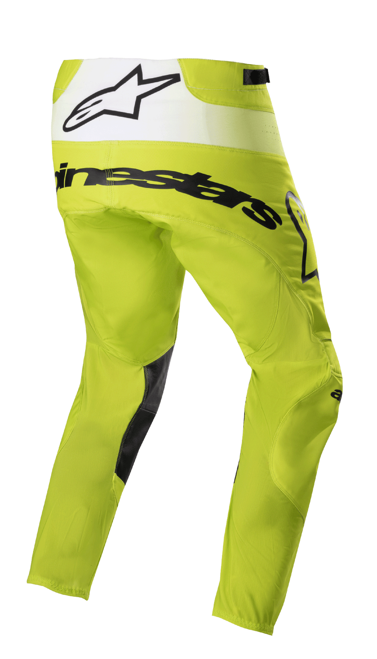 Alpinestars 2023 Techstar Push Pants, pantalones de motocross, amarillo flúor y blanco, vista trasera de tres cuartos con logotipos en negro y panel trasero blanco con el logo de la estrella, parches negros en el interior de las piernas, equipo duradero para carreras todoterreno