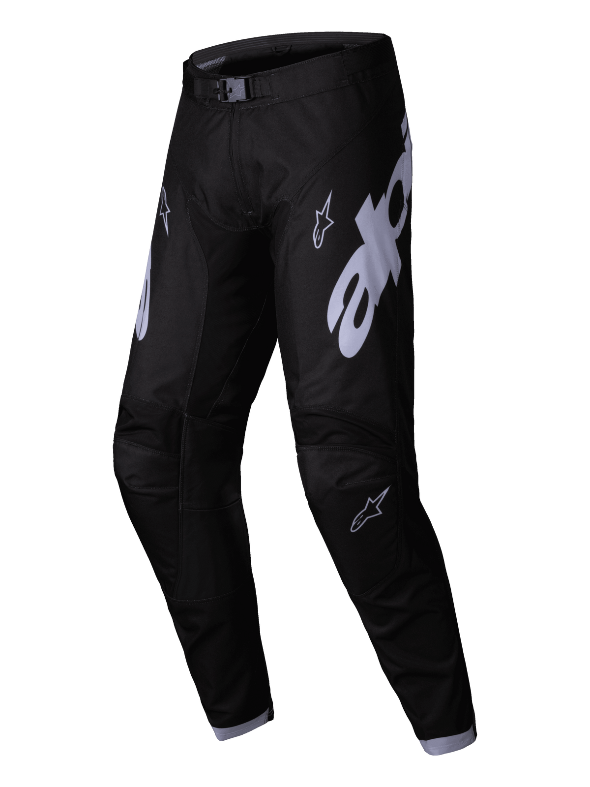 Alpinestars 2025 Racer Graphite Pants, Motocross Pants, Black and Gray, featuring large gray Alpinestars logos on the thighs, pre-curved leg design, and a magnetic waist buckle for off-road racing performance