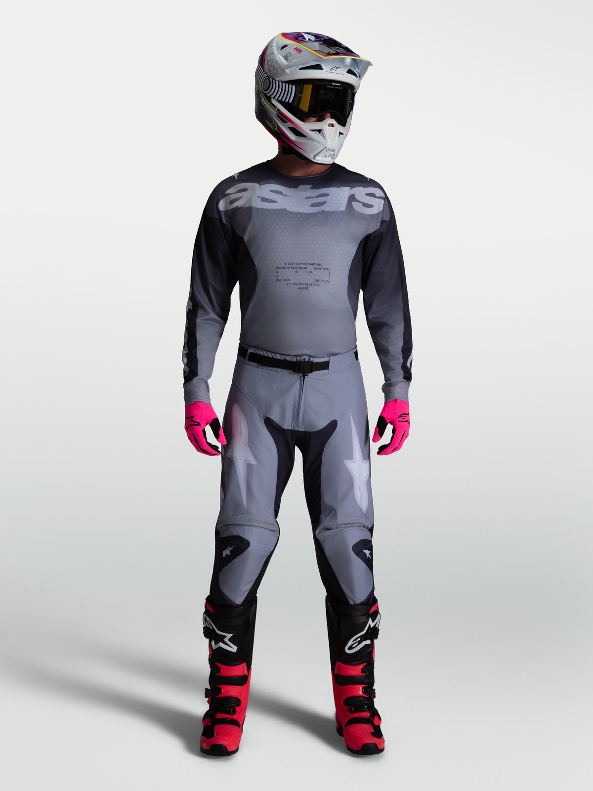 Alpinestars Racer Amber, pantalones de motocross para hombre, grises con detalles lila claro, ajuste de carreras precurvado