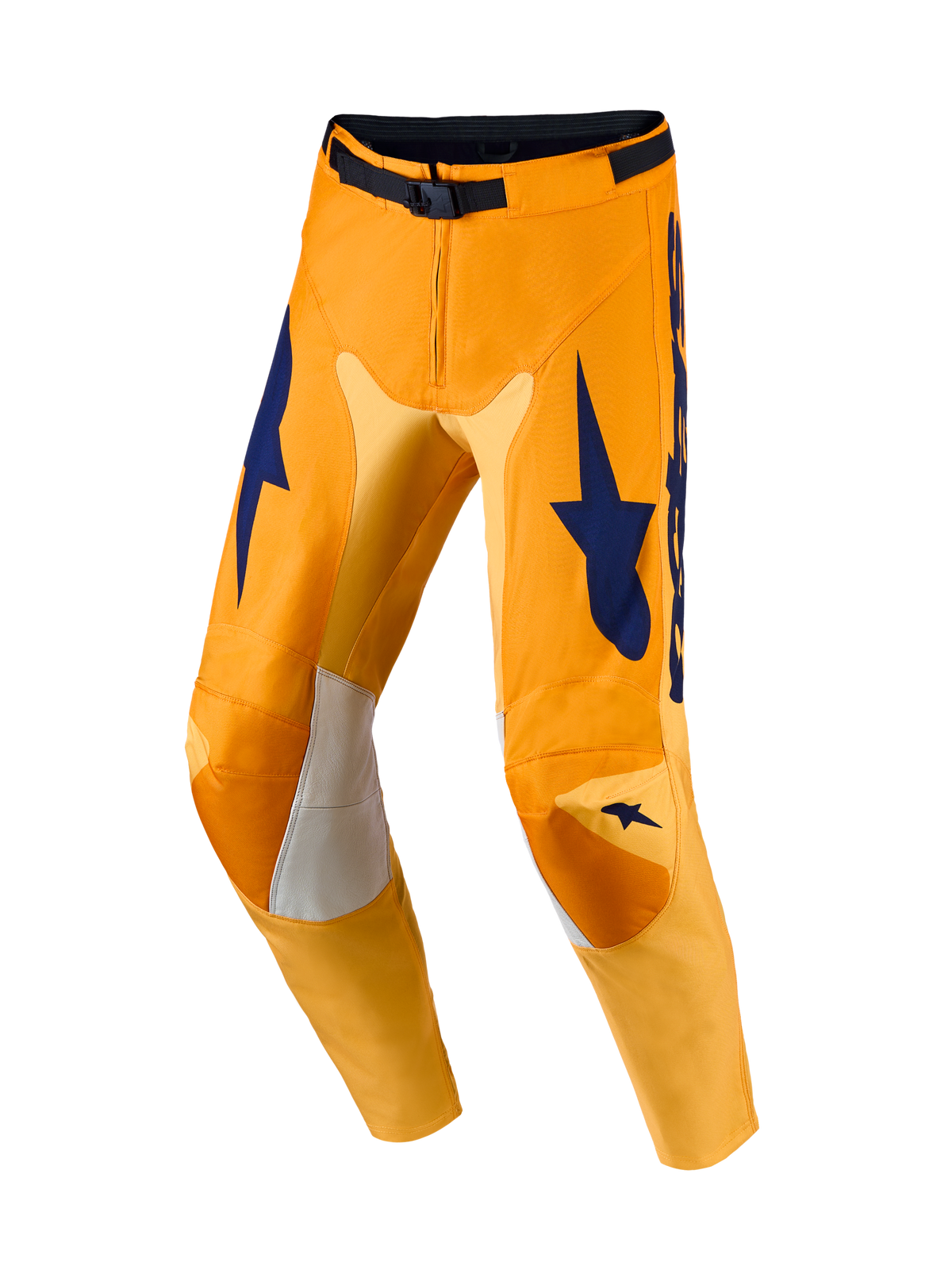 Pantalones Racer Amber y Racer Amber Gear Set Alpinestars, motocross de hombre, naranja y azul oscuro con paneles elásticos.