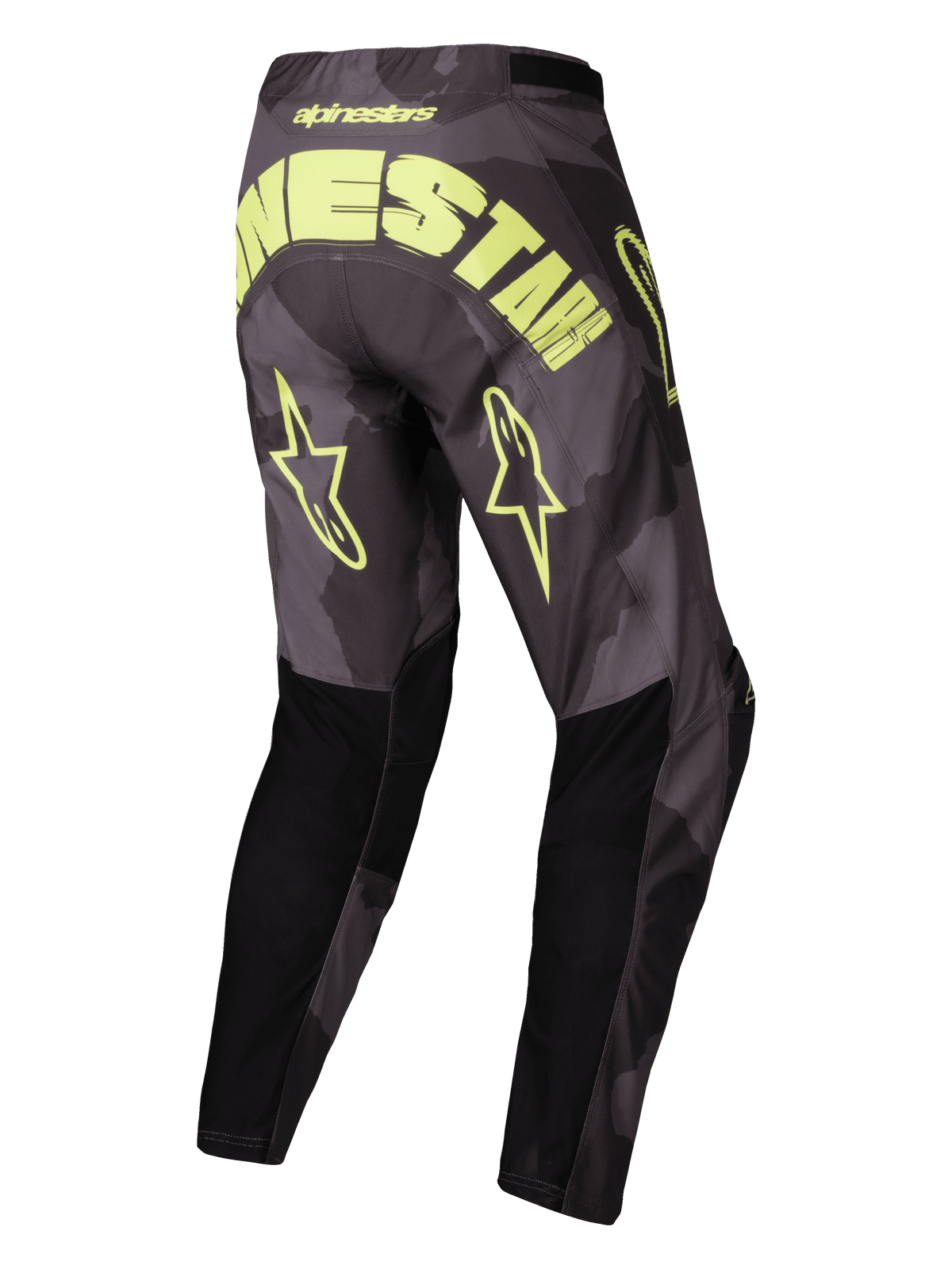 Alpinestars Pantalones Racer Hollow 2025, pantalones de motocross todoterreno, camuflaje oscuro y amarillo fluo, vista trasera con gran logotipo de la marca y logotipos de estrellas