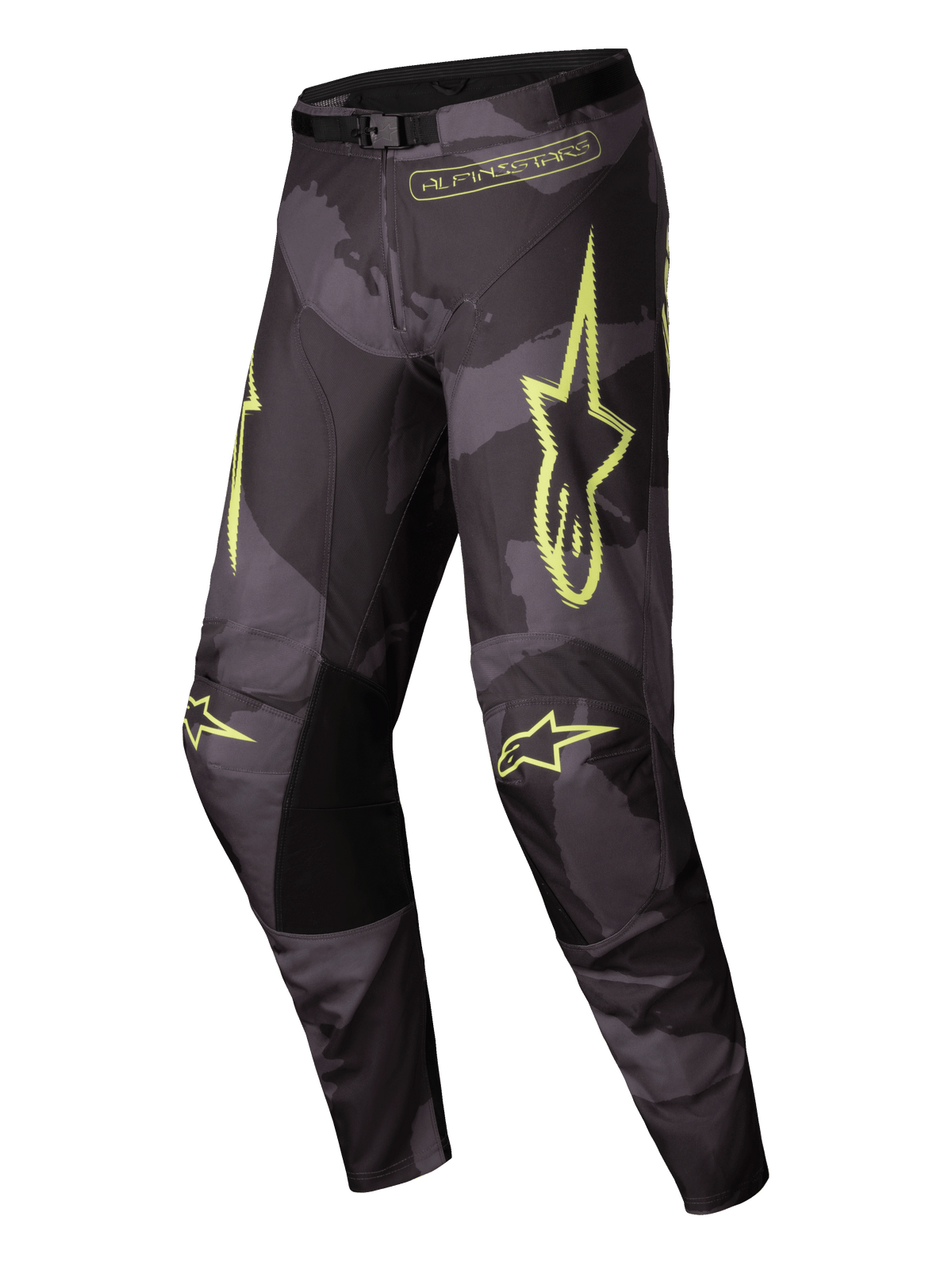 Alpinestars Pantalones Racer Hollow 2025, pantalones de motocross para hombre, camuflaje oscuro y amarillo fluo, equipo todoterreno ligero con construcción ergonómica precurvada