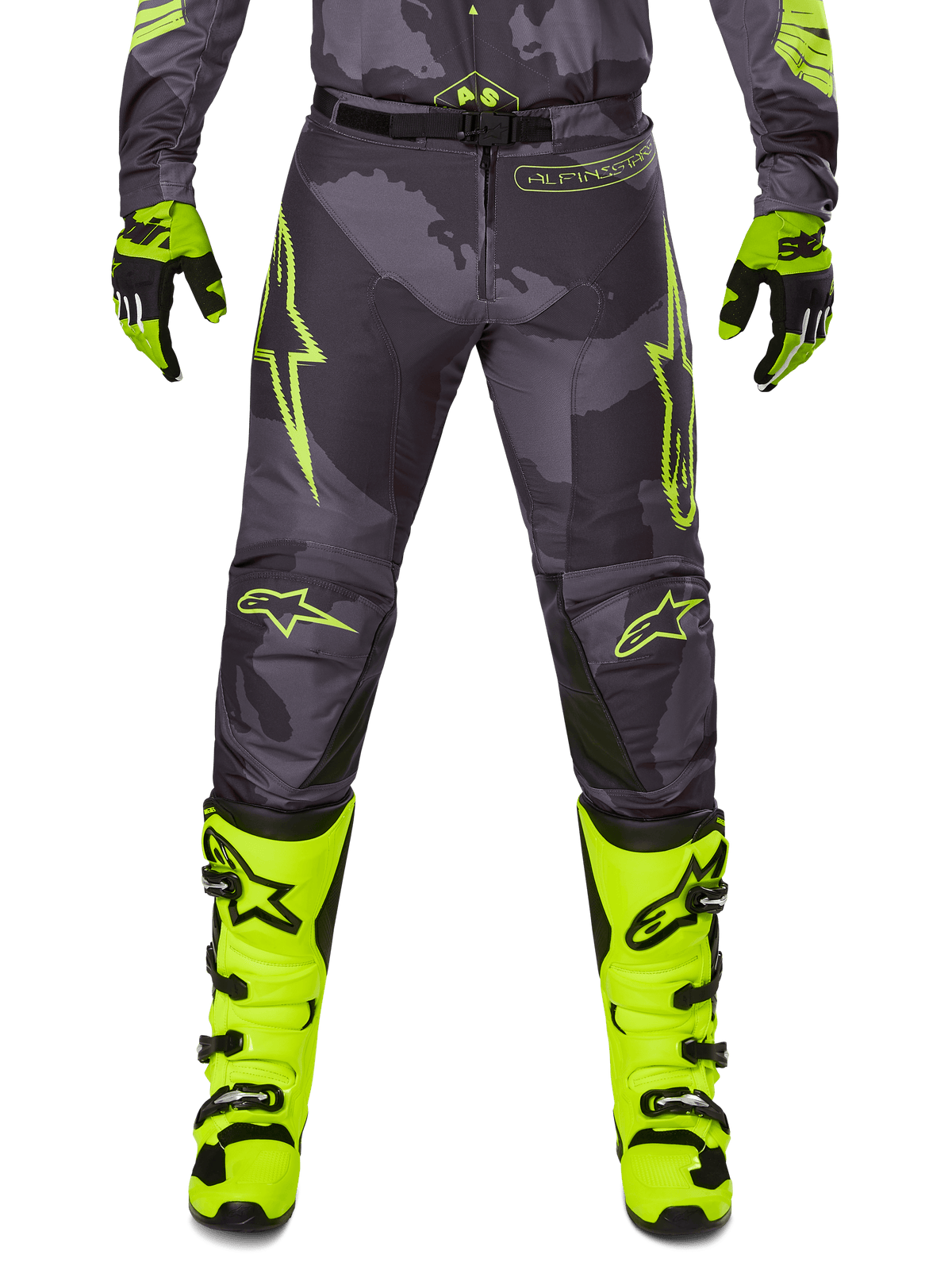 Alpinestars 2025 Racer Hollow Pants, pantalones de motocross, gris oscuro con detalles amarillo neón, diseños de estrellas amarillas brillantes, equipo de protección para todoterreno, estilo deportivo con alta visibilidad