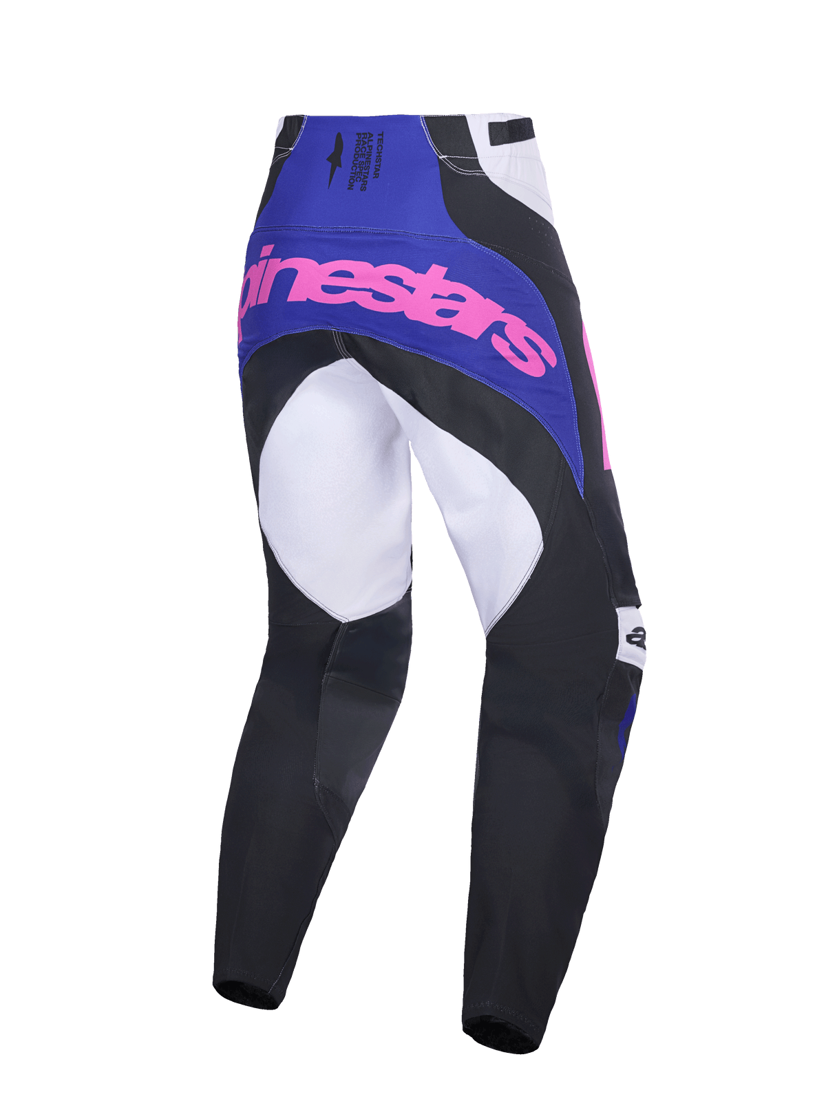 Alpinestars Techstar Knif Pants 2026, pantalones de motocross, negros, gris claro y morados con logotipos en rosa, vista trasera que muestra la construcción de múltiples paneles, canesú morado con logo rosa y zona del asiento reforzada para carreras todoterreno