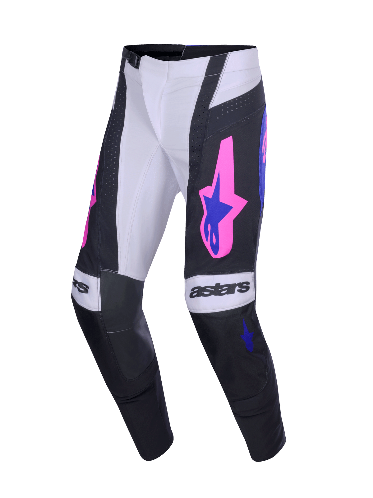 Alpinestars 2026 Techstar Knif Pants, pantalones de motocross, negro y gris claro con detalles en morado y rosa vibrante, marca 'astars' en las rodillas, logos de estrella en los muslos y corte ergonómico de competición para conducción todoterreno de alto rendimiento