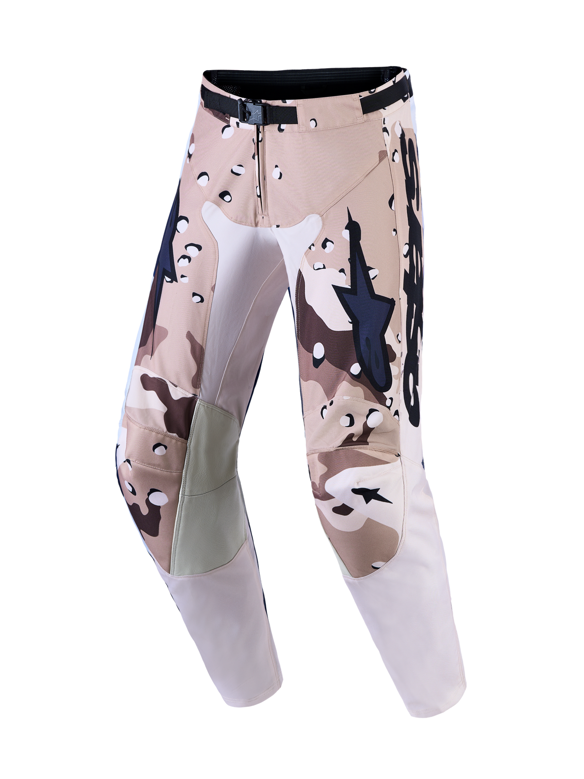 Alpinestars Racer Lone, pantalones de motocross para hombre, camuflaje desierto y negro, rodillas de cuero y cierre magnético.