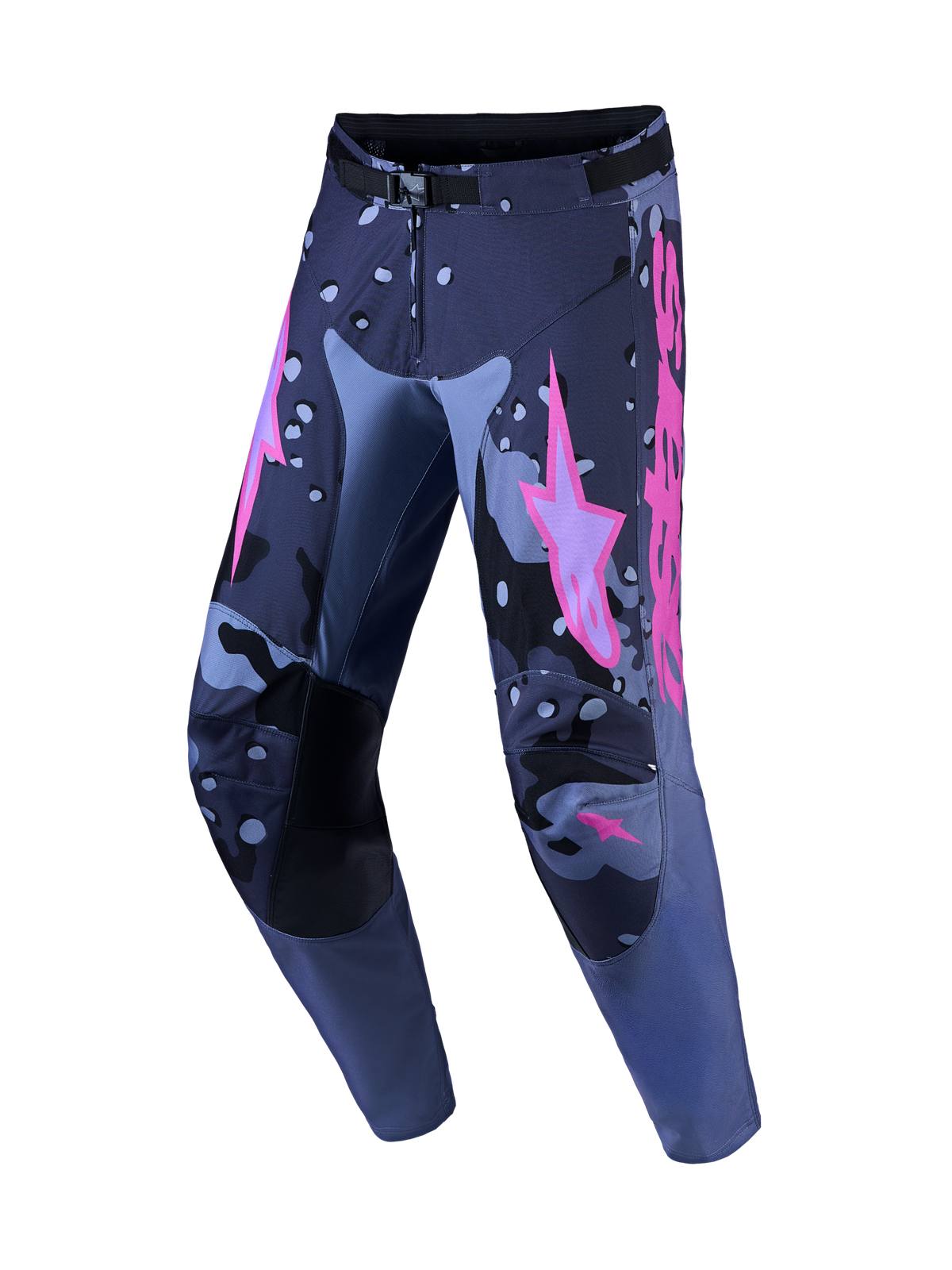 Alpinestars Racer Lone, pantalones de motocross para hombre, grises camo y morados, piernas precurvadas de politejido 600D