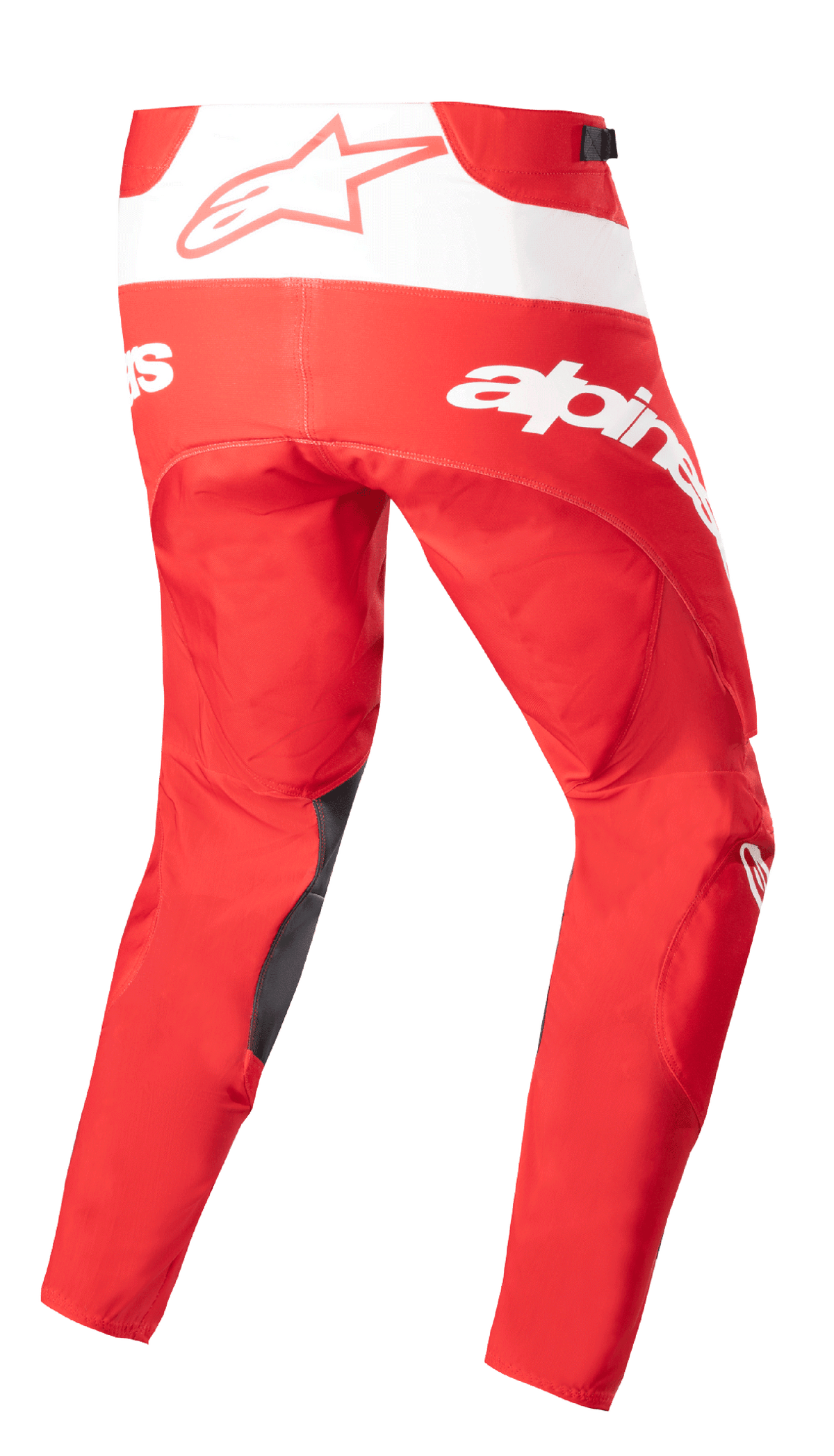 Alpinestars Techstar Arch Pants 2023, pantalones de motocross, rojo Mars y blanco, vista trasera con marca blanca llamativa y logotipo de estrella, refuerzos oscuros en la parte interna de la pierna, diseño técnico para rendimiento todoterreno