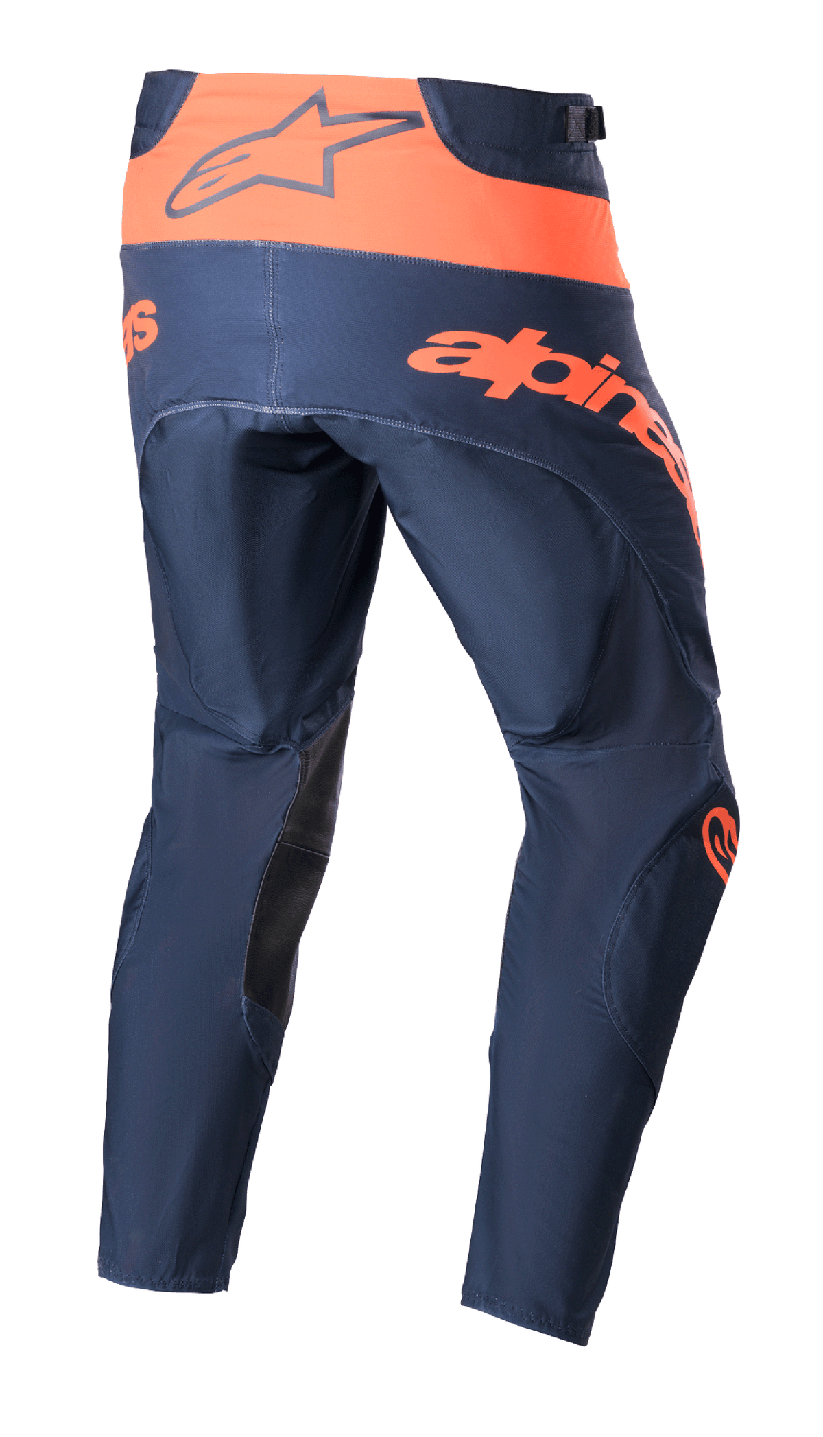Alpinestars 2023 Techstar Arch Pants, Motocross Pants, Night Navy and Hot Orange, rear view showing orange waistband with Alpinestars logo, large orange text across the seat, and black inner leg reinforcements