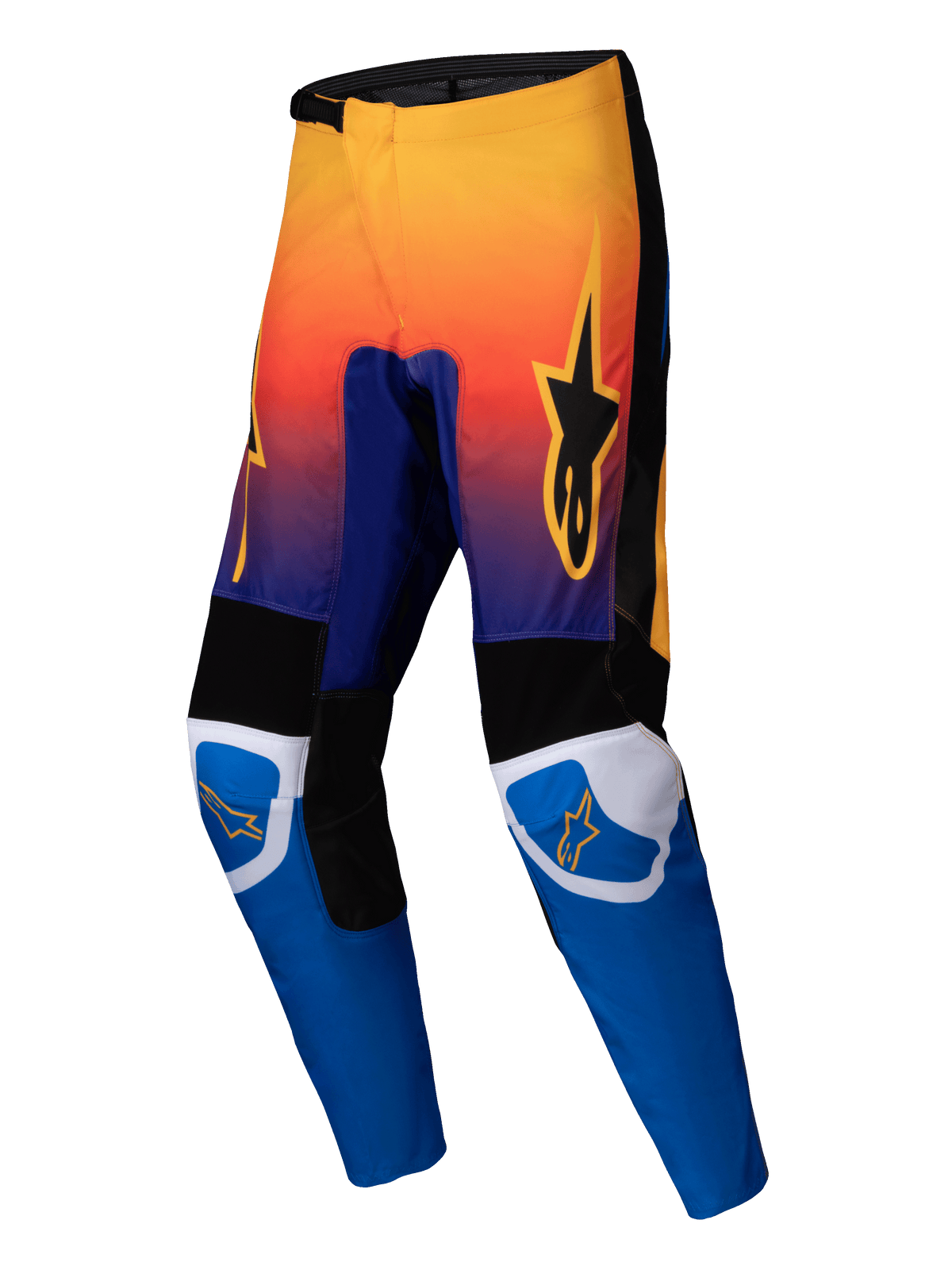 Alpinestars 2025 Fluid Wurx Pants, pantalones de motocross, multicolor con degradado de naranja a morado en la parte superior y piernas en azul brillante, con paneles reforzados en blanco y negro, logotipo de estrella naranja en muslos y rodillas, diseño duradero para carreras todoterreno