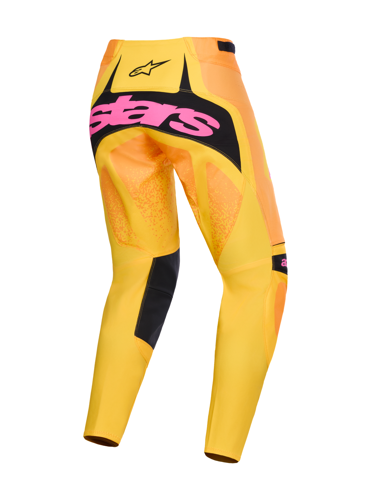 Pantalones Alpinestars Techstar Nomur 2026, pantalones de motocross en naranja, amarillo y rosa, vista trasera con gran logotipo rosa sobre un panel de asiento negro, diseño con degradado vibrante y acentos negros, equipamiento de alto rendimiento para competición off-road