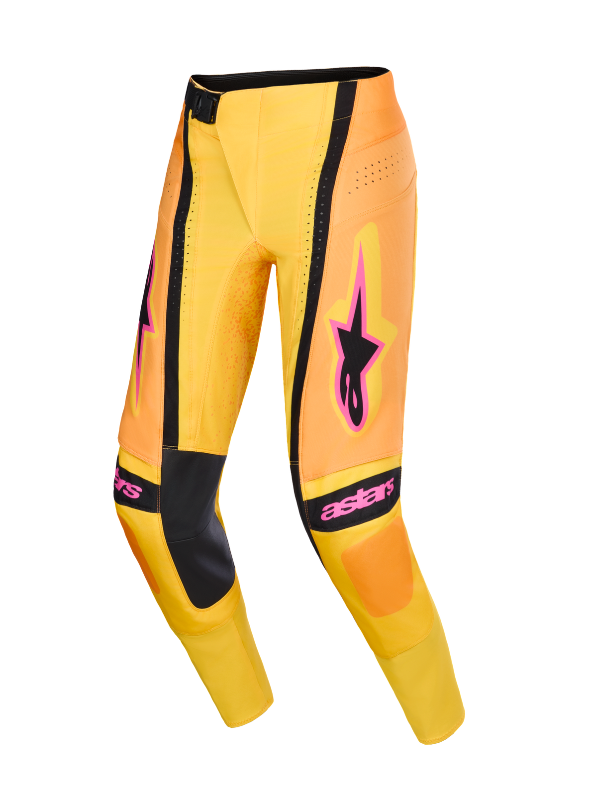 Alpinestars Techstar Nomur 2026, pantalones de motocross, naranja, amarillo y rosa, con paneles interiores negros en las rodillas y logotipos Alpinestars en rosa llamativo, diseño técnico con perforaciones de ventilación y ajuste atlético de competición, equipamiento de alto rendimiento para carreras todoterreno
