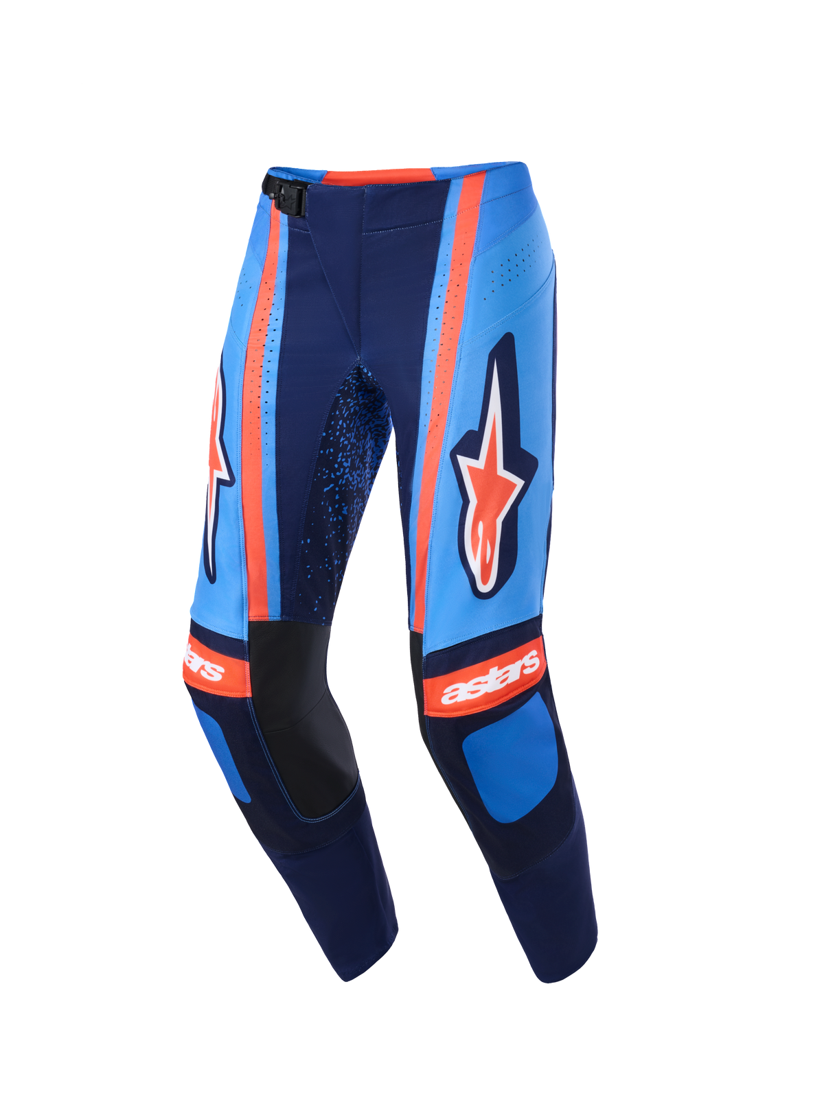 Alpinestars 2026 Techstar Nomur Pants, Motocross Pants, Dark Navy, Orange, and UCLA Blue, featuring bold Alpinestars branding on the thighs, 'astars' logo on the knees, magnetic waist buckle, and laser-cut perforations for airflow, high-performance off-road gear
