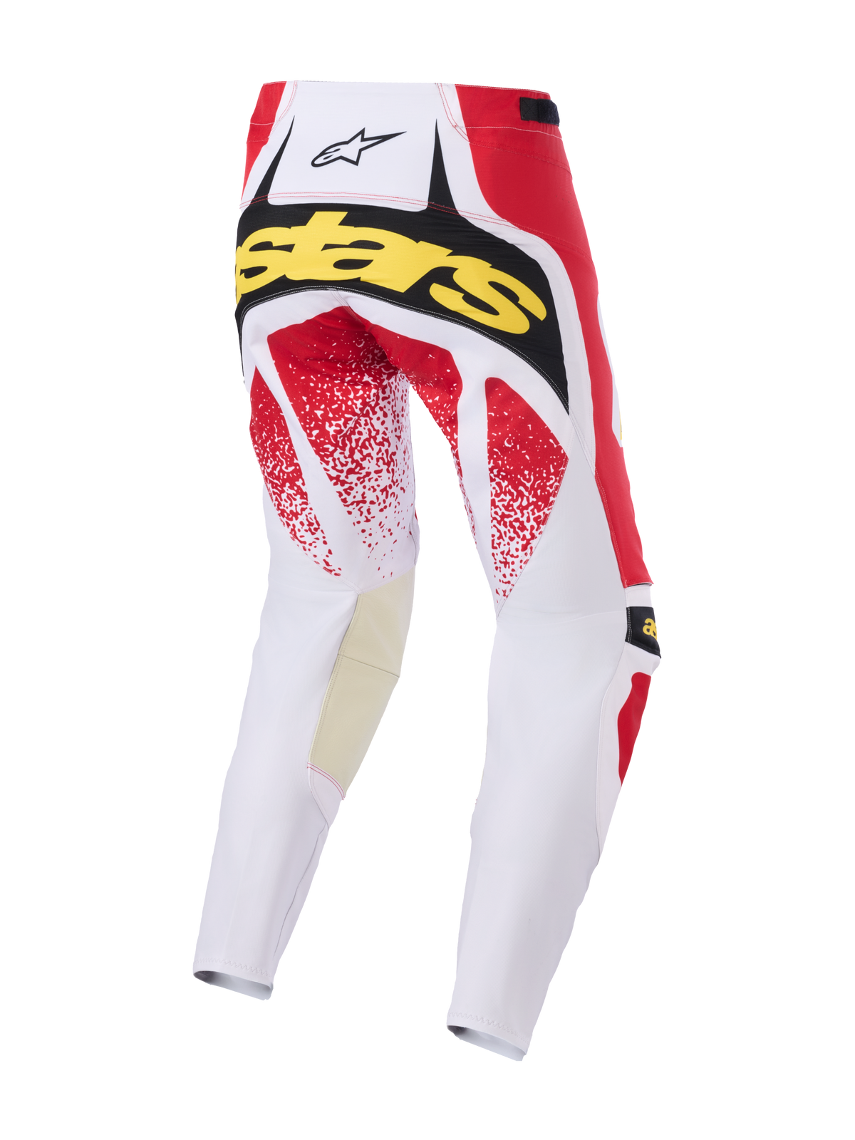 Alpinestars 2026 Techstar Nomur Pants, pantalones de motocross, blanco, rojo y negro, vista trasera con marca 'Stars' en amarillo y gráficos moteados en rojo, construcción duradera de múltiples paneles para carreras todoterreno