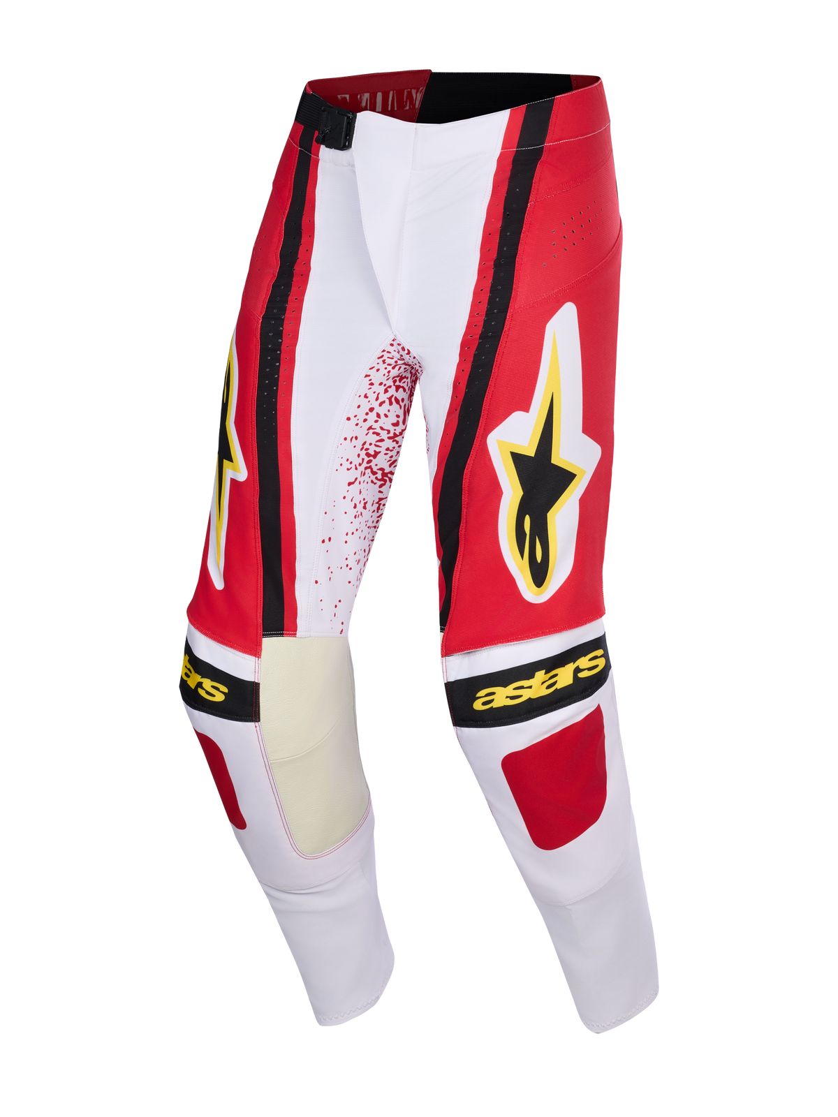 Alpinestars 2026 Techstar Nomur Pants, pantalones de motocross, gris claro, rojo y negro, con el logotipo de la estrella y el texto de Alpinestars en amarillo, paneles reforzados en el interior de las rodillas, diseño atlético de ajuste de competición para carreras todoterreno