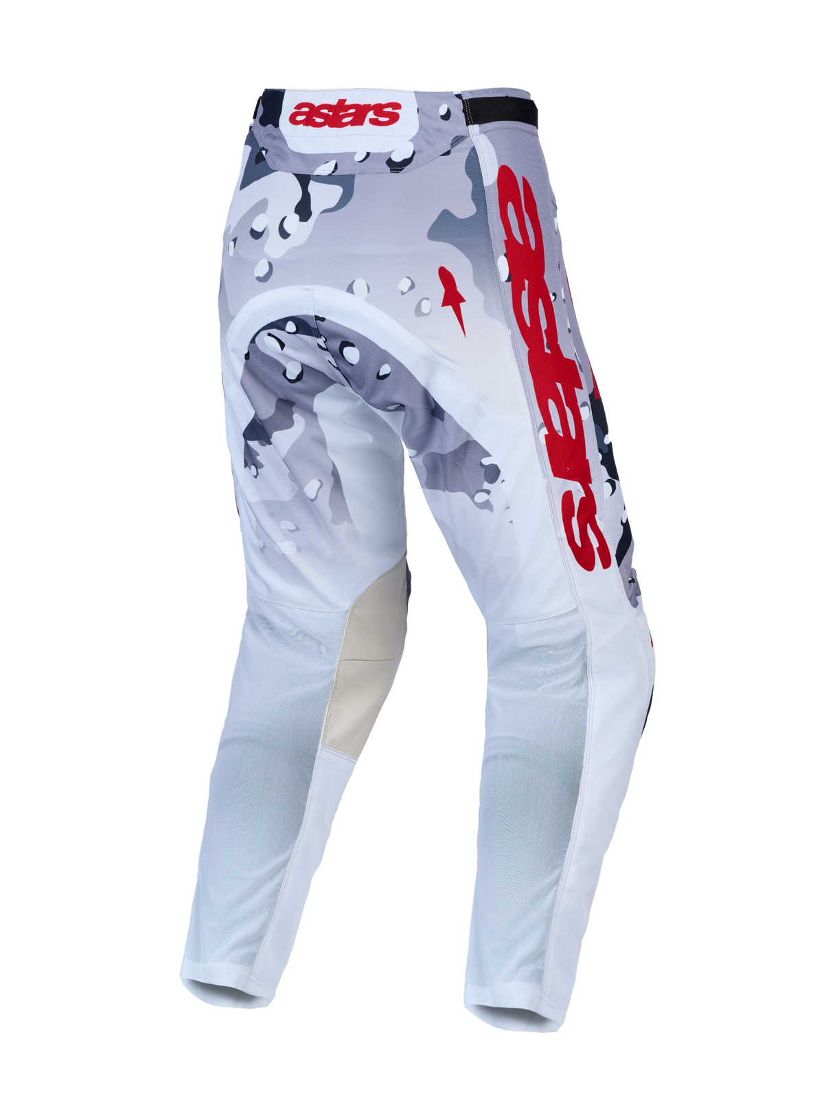Alpinestars Racer Air Lone, pantalones de motocross ventilados en camuflaje gris y blanco con detalles rojos, vista trasera