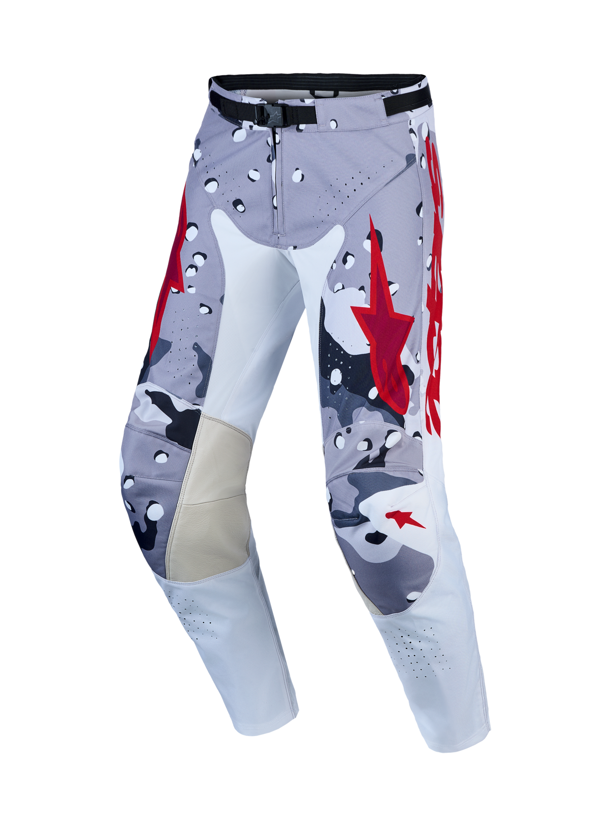 Alpinestars Racer Air Lone, pantalones de motocross grises y rojos con construcción ventilada y ajuste ergonómico precurvado.