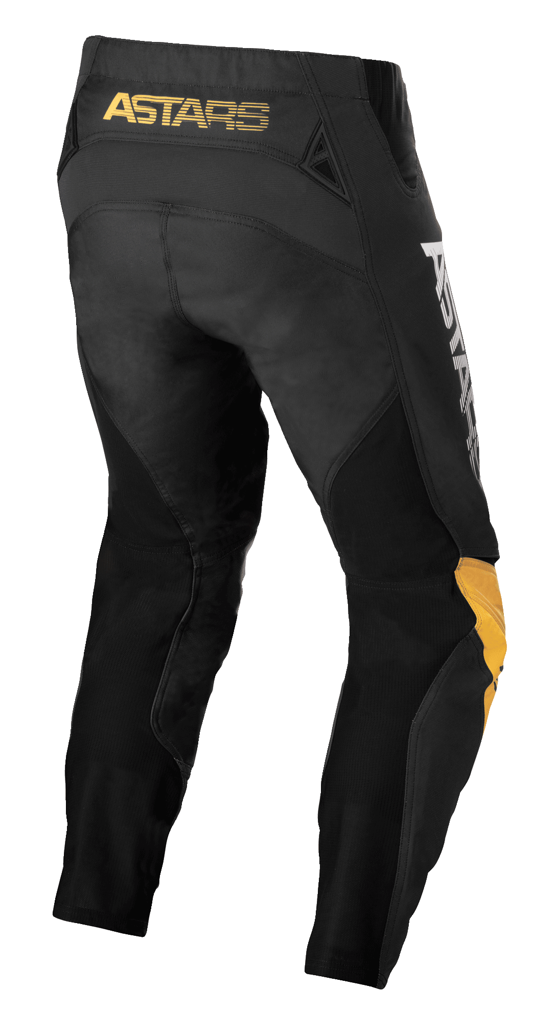 Alpinestars Techstar Quadro Pants, pantalones de motocross, negro, amarillo y mandarina, vista trasera con la marca 'ASTARS' en amarillo en la cintura, inserciones de malla negra para ventilación y paneles ergonómicos en las rodillas en amarillo y mandarina para durabilidad en carreras off-road