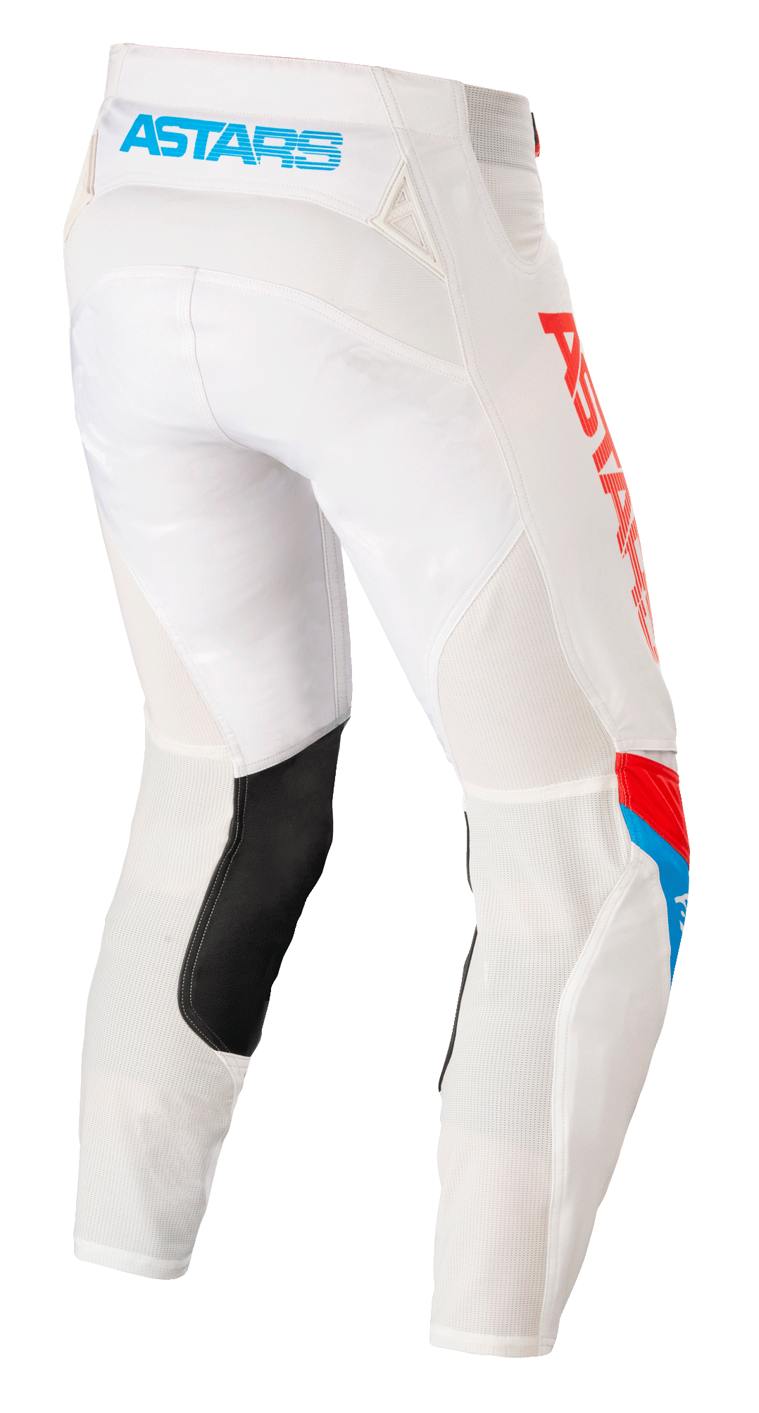 Pantalones Alpinestars Techstar Quadro, pantalones de motocross, blanco roto, azul neón y rojo brillante, vista trasera que muestra el logotipo 'ASTARS' en azul claro en la cintura, paneles de ventilación de malla, parche de cuero negro en el interior de la pierna y marca roja llamativa en el lateral.