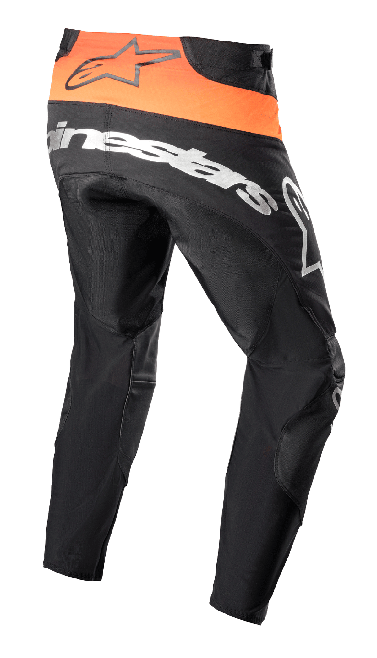 Alpinestars Techstar Sein Pants 2023, pantalones de motocross, negro y naranja brillante, vista trasera que muestra el panel naranja de la cintura con logo negro, marca Alpinestars grande en blanco sobre la parte trasera y construcción textil reforzada para carreras todoterreno