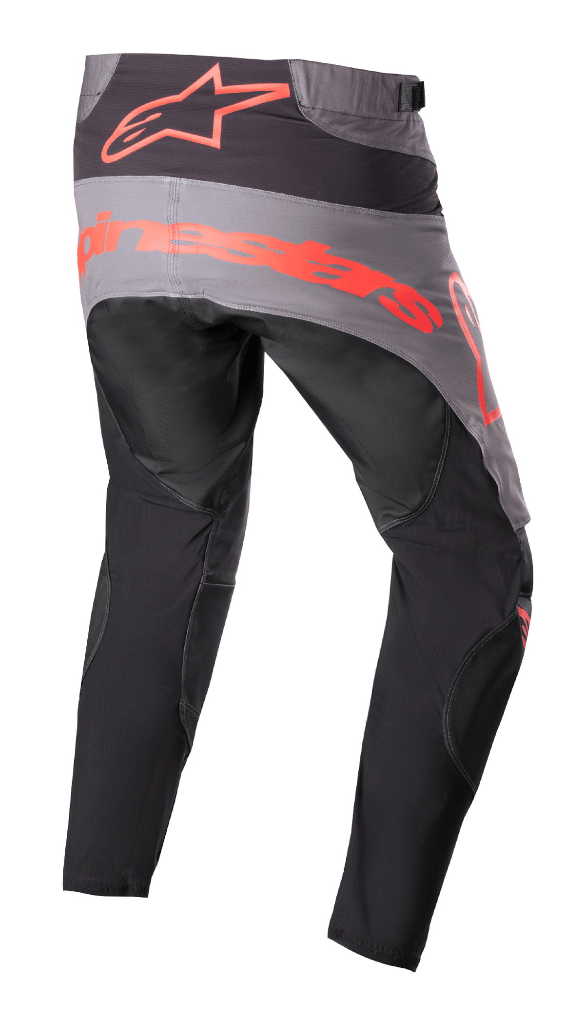 Alpinestars Techstar Sein Pants 2023, pantalones de motocross, negro y rojo neón, vista trasera con panel de asiento gris y marca en rojo neón, piernas ergonómicas precurvadas y construcción textil duradera para rendimiento todoterreno