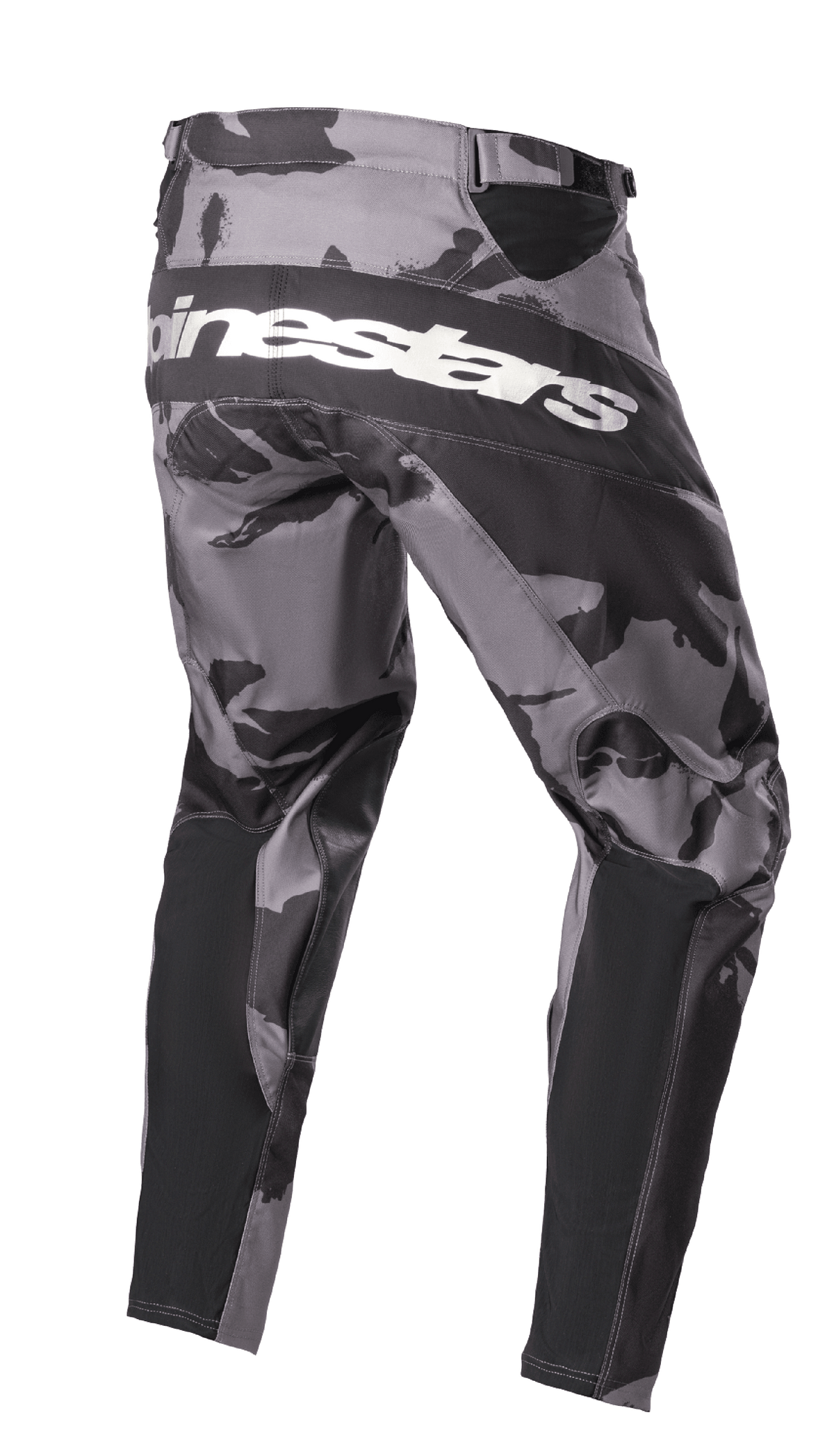 Alpinestars 2023 Racer Tactical Pants, pantalones de motocross, camuflaje Iron Camo en gris y negro, vista trasera con el logotipo de Alpinestars en blanco en el asiento, paneles reforzados negros y zonas elásticas técnicas para conducción fuera de carretera.