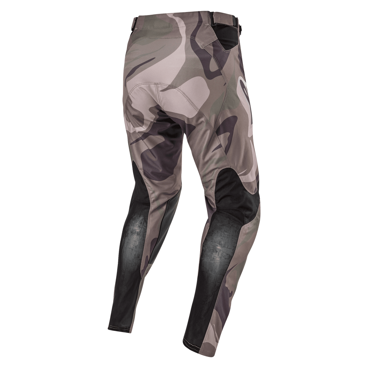 Alpinestars 2024 Racer Tactical Pants, pantalones de motocross, verde militar camuflaje marrón, vista trasera que muestra paneles elásticos negros transpirables en la parte inferior de las piernas y diseño de camuflaje, textil duradero para carreras fuera de carretera