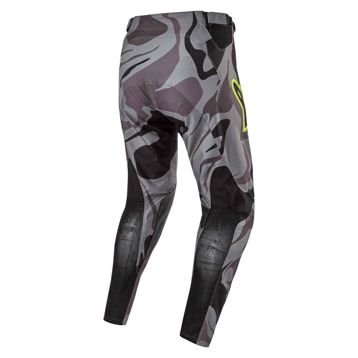 Alpinestars 2024 Racer Tactical Pants, pantalones de motocross, Cast Gray Camo Magnet, vista trasera que muestra el patrón de camuflaje gris con paneles reforzados negros, detalle del logo en amarillo en la cadera, material técnico rip-stop para carreras off-road