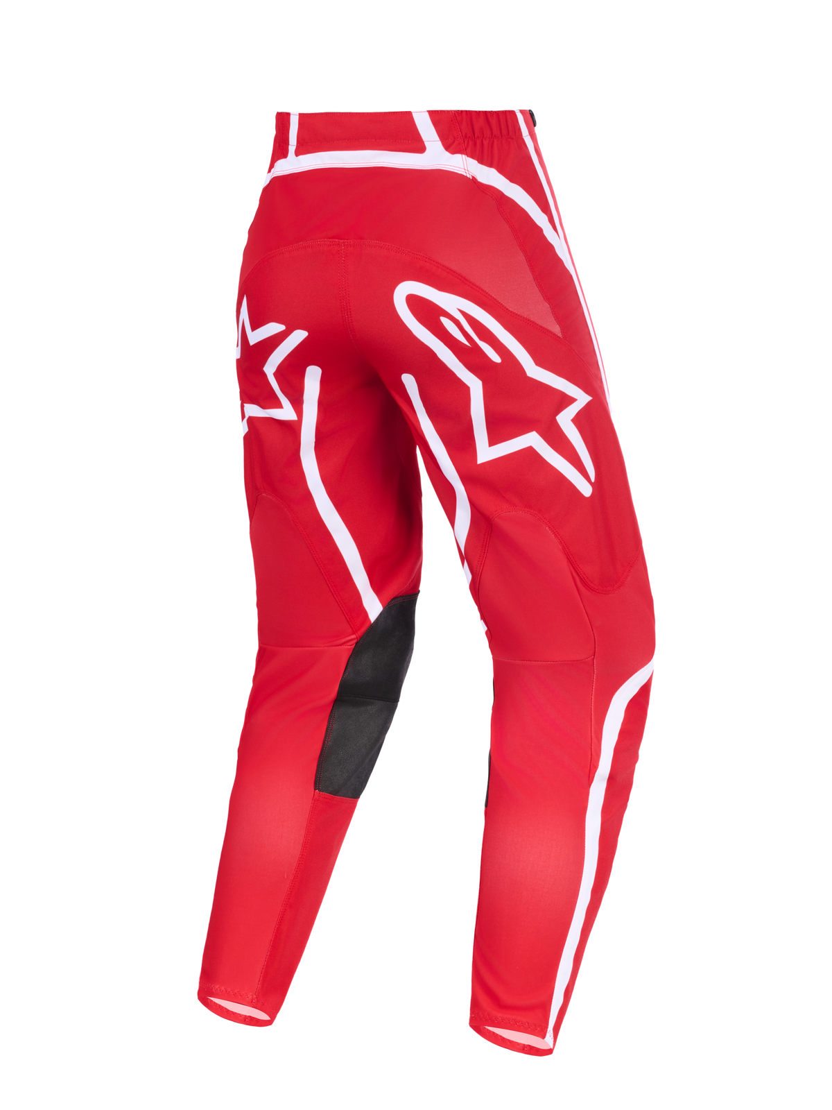 Alpinestars 2026 Fluid Apex Pants, pantalones de motocross, rojos y blancos, vista trasera con destacados logotipos de estrellas blancas en el asiento, parches de cuero sintético negro en el interior de las rodillas y diseño ergonómico precurvado para conducción off-road.