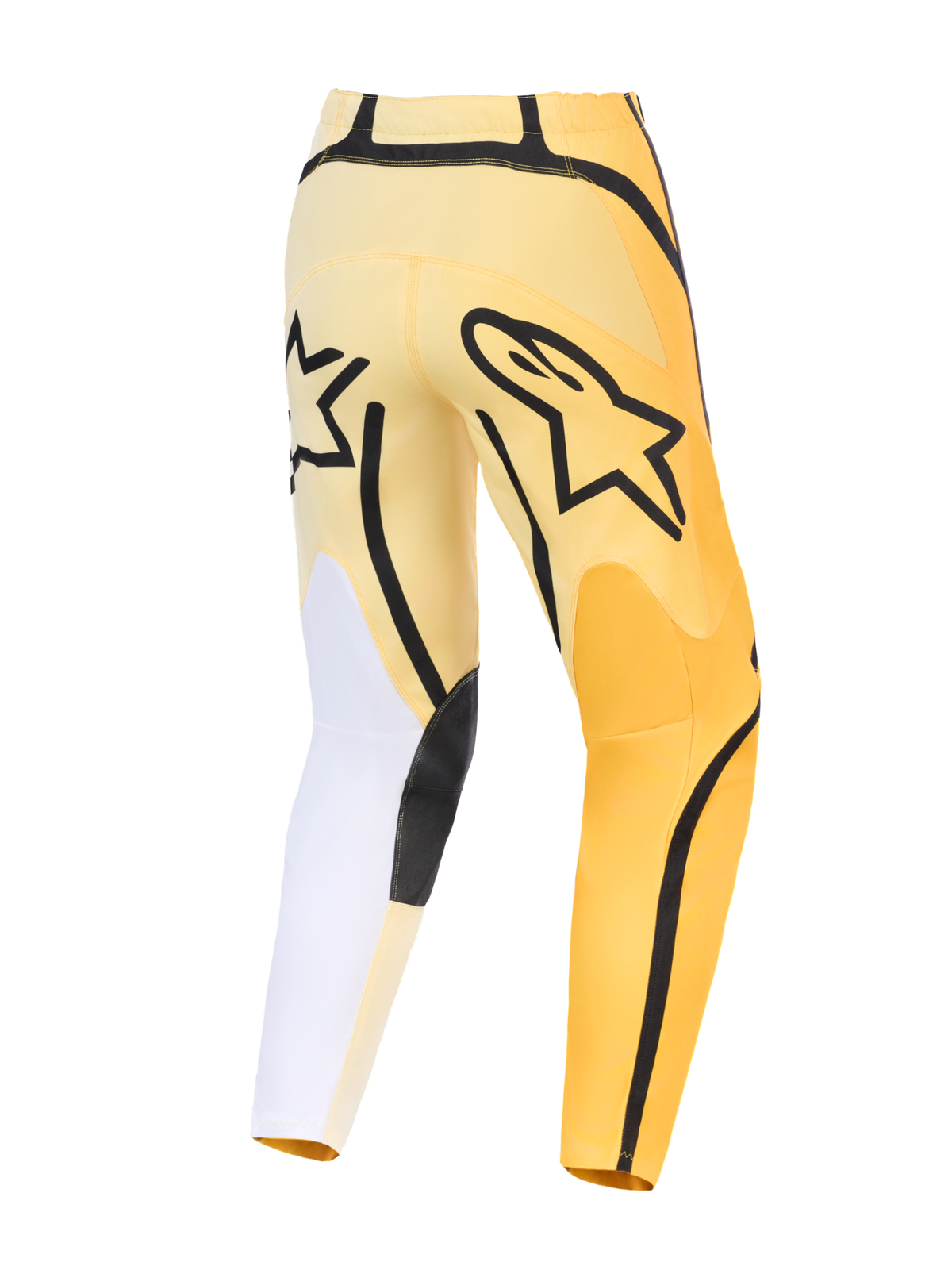 Alpinestars 2026 Fluid Apex Pants, pantalones de motocross, amarillos y negros con detalles blancos, vista trasera con un prominente logotipo Astars en negro, diseño asimétrico con paneles reforzados duraderos y ajuste precurvado.