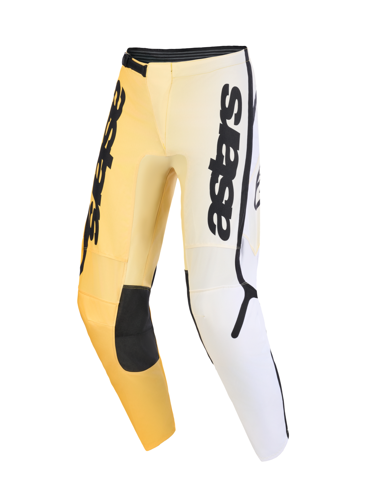 Alpinestars 2026 Fluid Apex Pants, pantalones de motocross, amarillos, blancos y negros, con un esquema de color degradado, logotipo vertical de astars en los muslos, paneles reforzados negros en las rodillas y diseño ergonómico precurvado para rendimiento off-road.