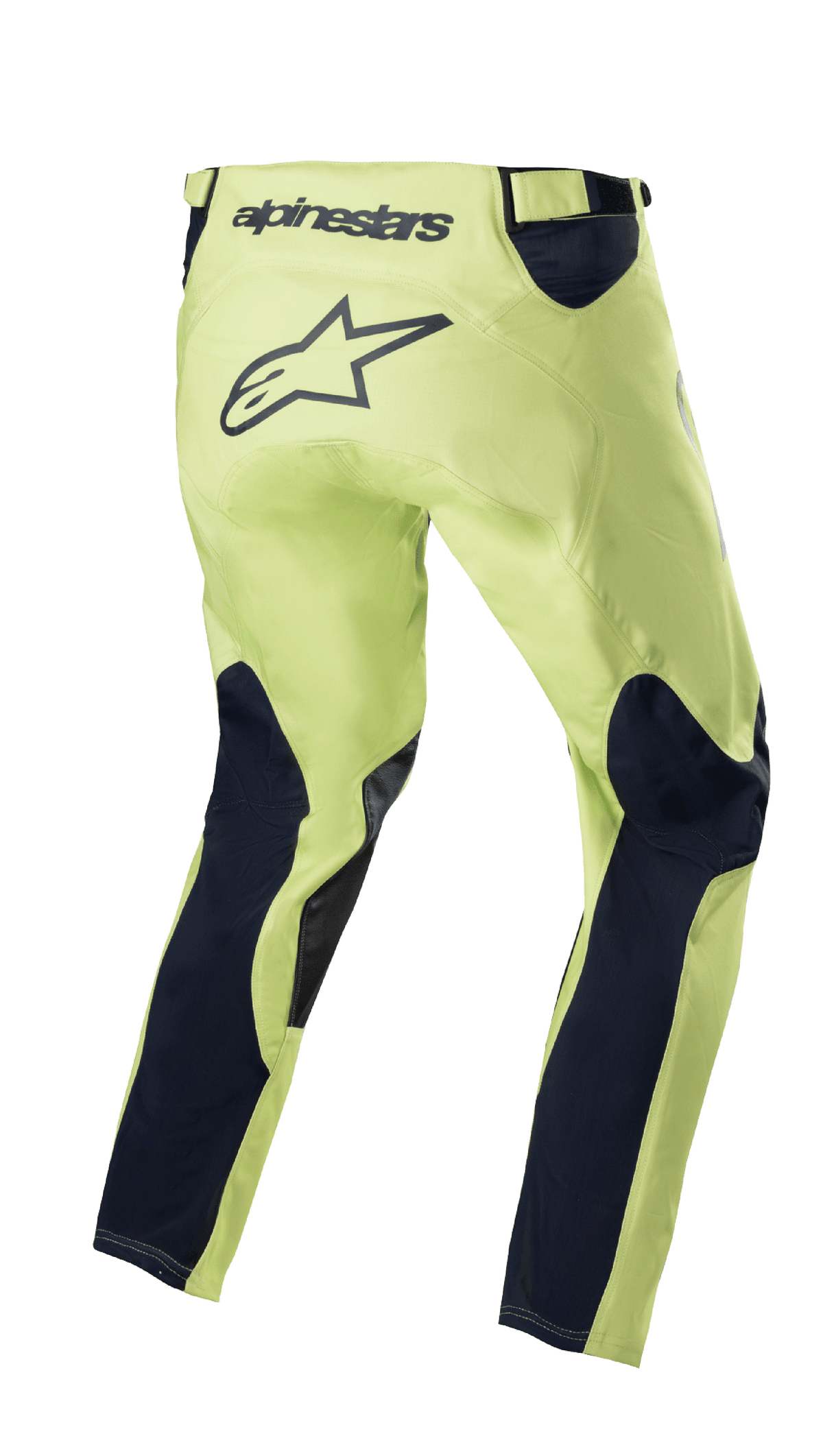 Pantalones Alpinestars Racer Hoen 2023, pantalones de motocross, verde fluorita y azul noche, vista trasera con chasis verde neón y paneles azul marino en las piernas, gran logotipo de estrella negro en la zona del asiento, diseño ergonómico precurvado para carreras off-road