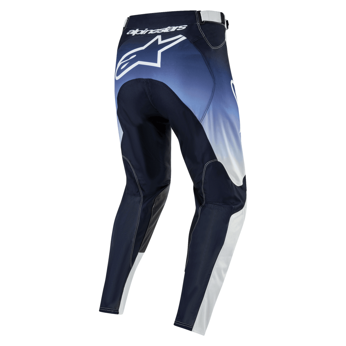 Alpinestars 2024 Racer Hoen Pants, pantalones de motocross para hombre, color azul marino oscuro, azul claro y blanco, logo Alpinestars en la parte posterior, diseño ergonómico y material técnico para alto rendimiento.