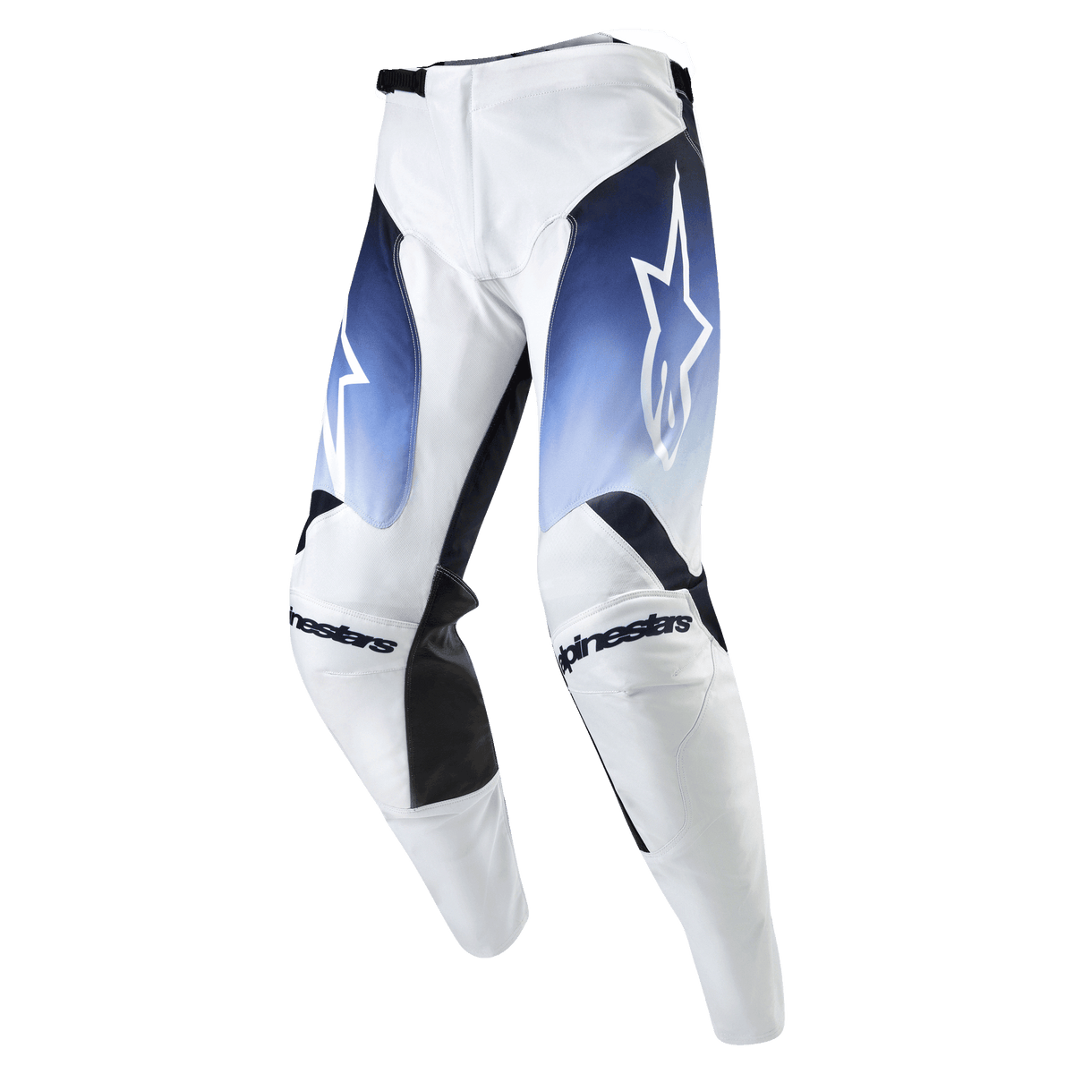 Alpinestars 2024 Racer Hoen Pants, pantalones de motocross, blancos con paneles en degradado azul claro y azul marino, detalles negros, diseño ergonómico con pierna precurvada y logotipos de la marca, material ligero y duradero para conducción fuera de carretera