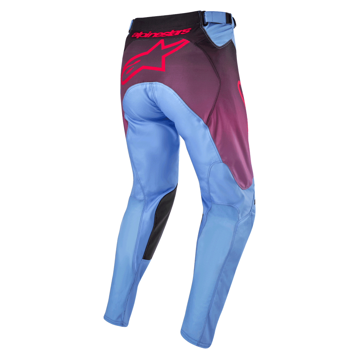 Alpinestars 2024 Racer Hoen Pants, pantalones de motocross, Lavan Purple y negro, vista trasera con perneras en azul claro, gran logotipo rosa de Alpinestars en el asiento, paneles interiores negros en las rodillas y construcción ergonómica precurvada para conducción todoterreno