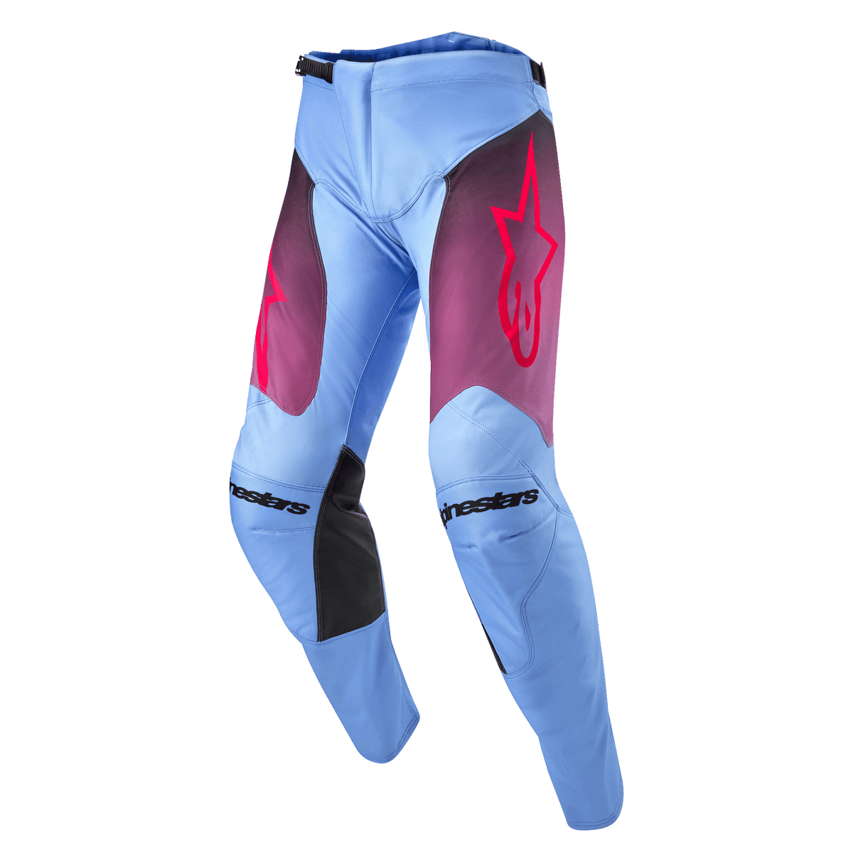 Alpinestars 2024 Racer Hoen Pants, pantalones de motocross, Púrpura Lavan y negro, chasis lavanda azul claro con paneles en los muslos con degradado púrpura y logo de estrella rosa, paneles internos negros en las rodillas, diseño ergonómico precurvado para rendimiento todoterreno