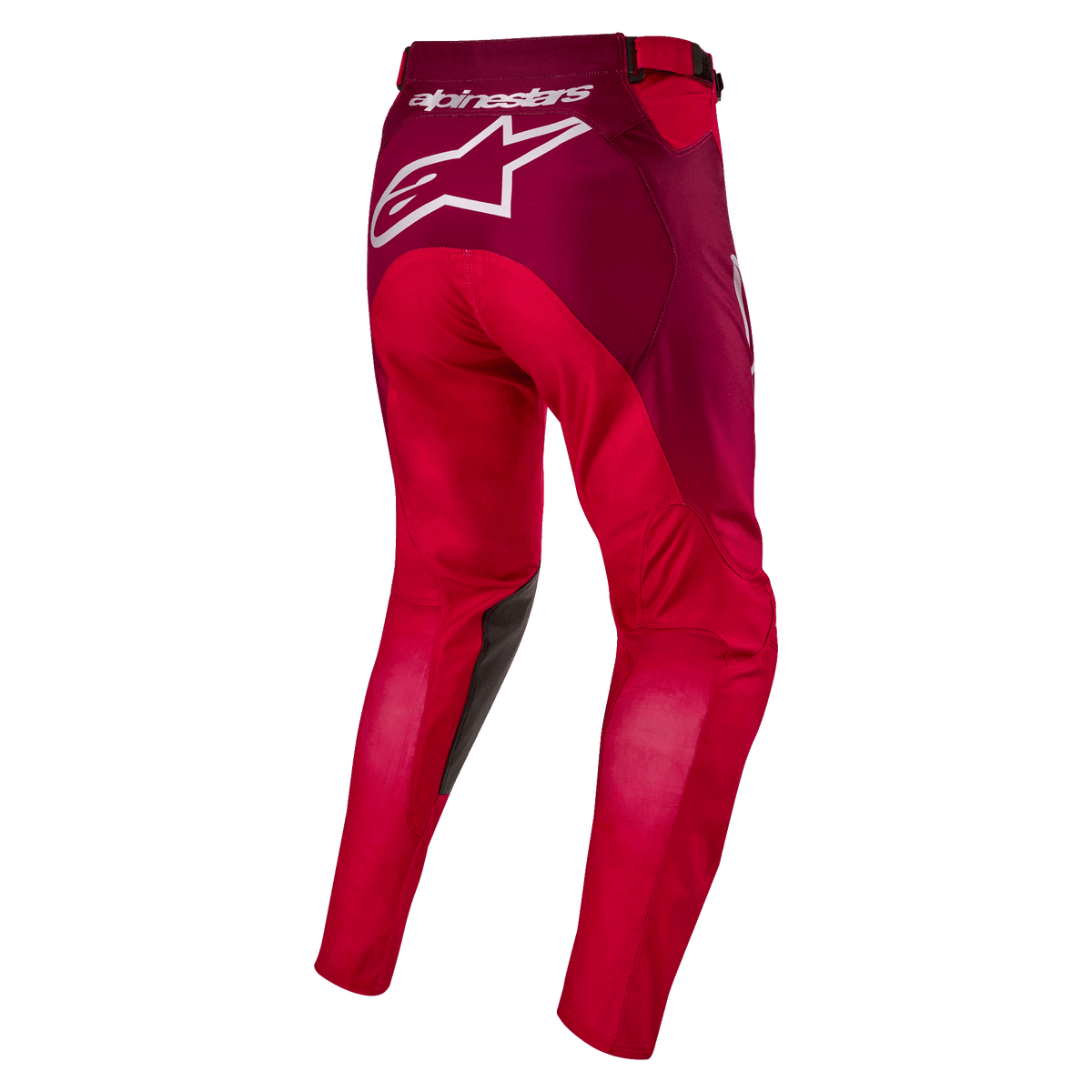 Pantalones Alpinestars Racer Hoen 2024, pantalones de motocross, rojo Mars y burdeos, vista trasera que muestra un gran logotipo blanco de Alpinestars en el asiento, construcción ergonómica de pierna precurvada y material textil duradero para competición off-road