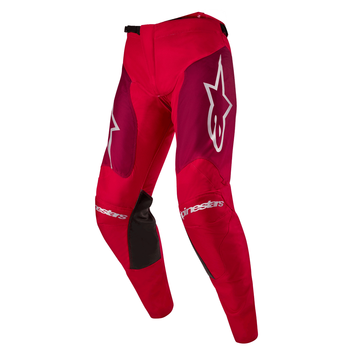 Alpinestars Pantalones Racer Hoen 2024, pantalones de motocross, color Rojo Mars Borgoña, con paneles granates en los muslos y logotipos blancos de Alpinestars en las rodillas y las caderas, paneles de agarre negros en el interior de las rodillas, diseño deportivo precurvado para rendimiento todoterreno