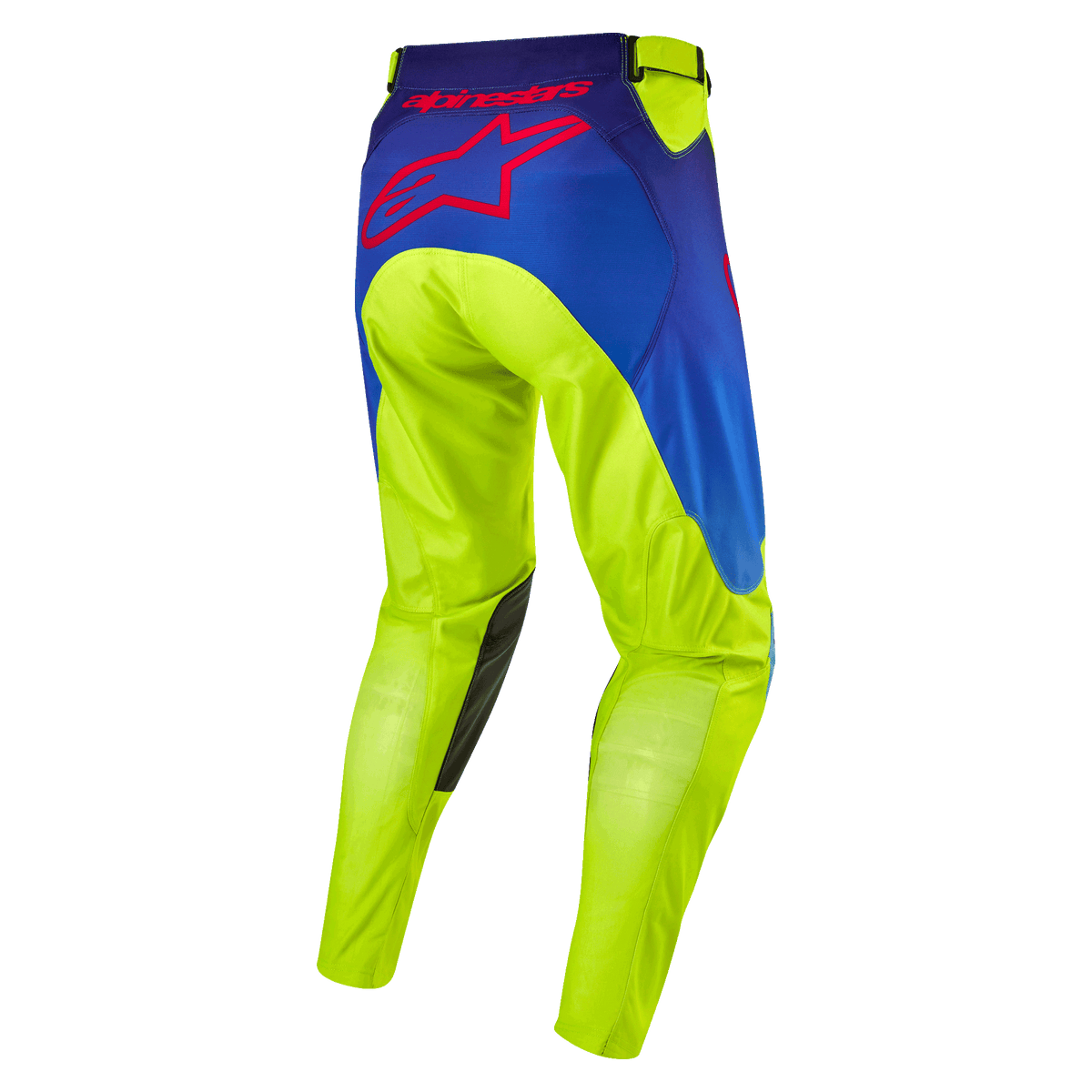Alpinestars 2024 Racer Hoen Pants, pantalones de motocross, amarillo fluo y azul night navy, vista trasera con el gran logotipo de estrella de Alpinestars en rojo, rodilleras internas de cuero oscuro, tejido técnico duradero para conducción off-road