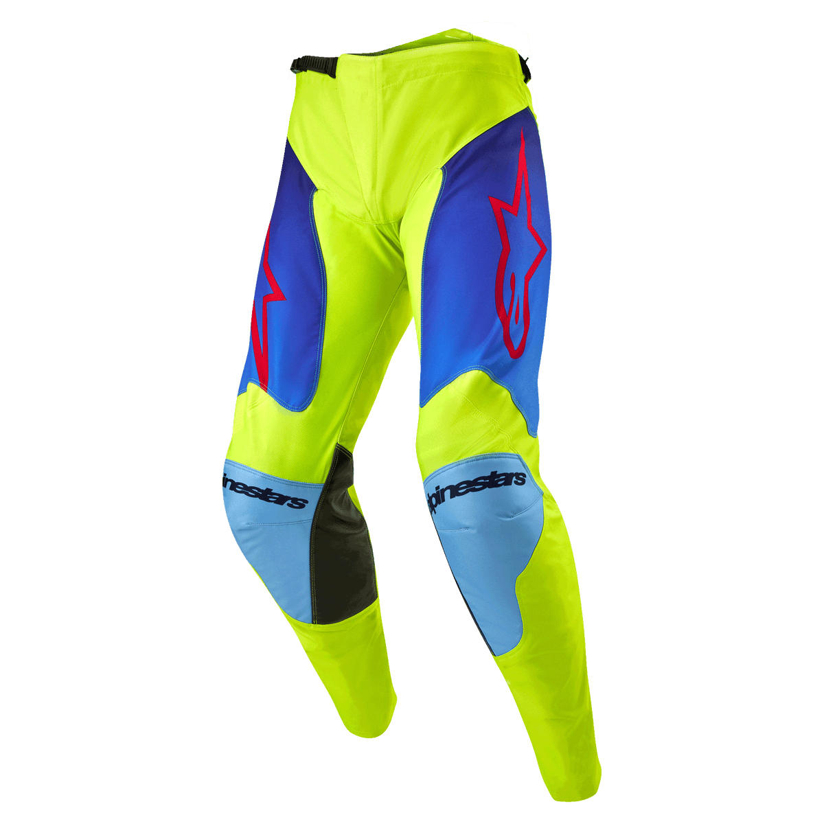 Alpinestars 2024 Racer Hoen Pants, pantalones de motocross, amarillo flúor y azul Night Navy, con logotipos de estrellas rojas en los muslos, paneles de rodilla en azul claro con refuerzos internos de cuero negro, construcción deportiva precurvada para carreras fuera de carretera